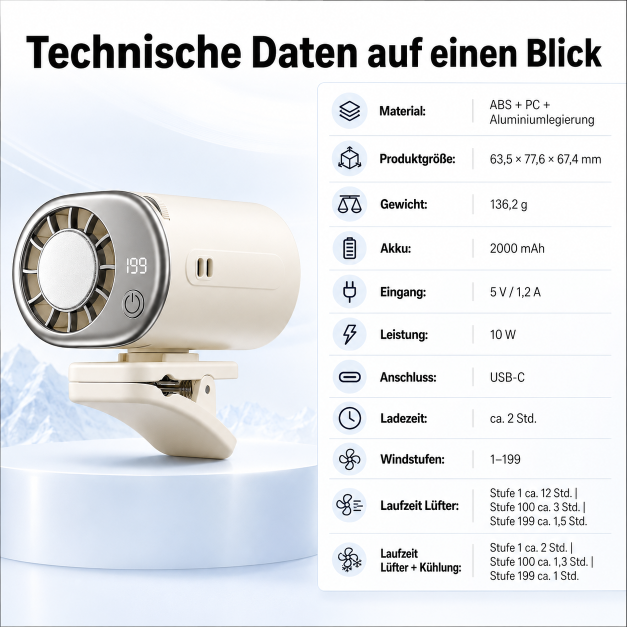 Ein beigefarbener Ventilator mit Clip und technischer Datentabelle.
