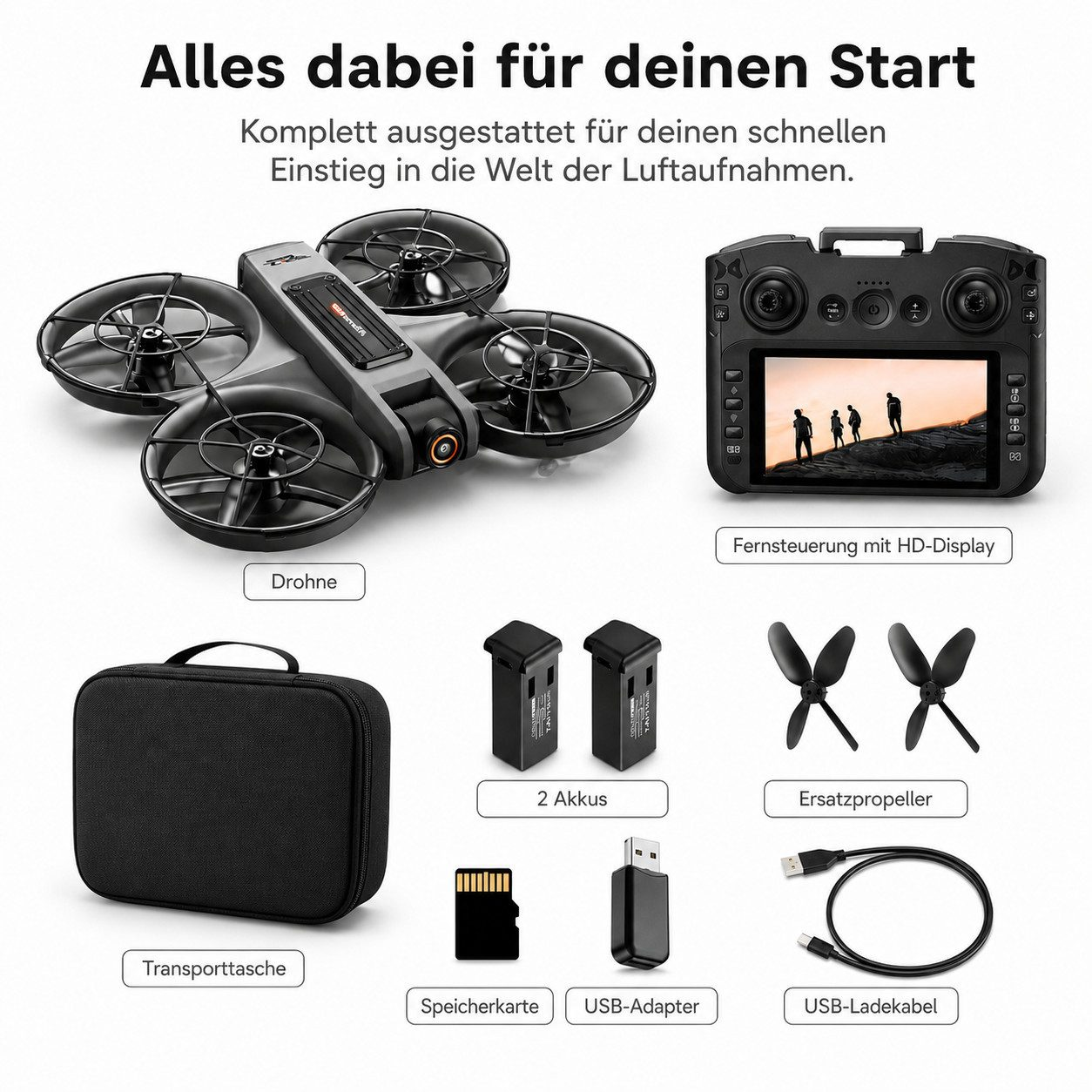 Ein Drohnen-Kit mit Fernsteuerung, Akkus, Tasche, SD-Karte und Kabel.