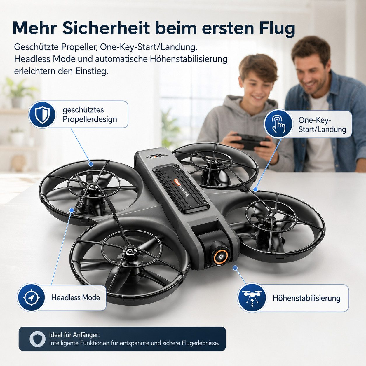 Drohne mit Schutzdesign, Mann und Kind steuern sie.