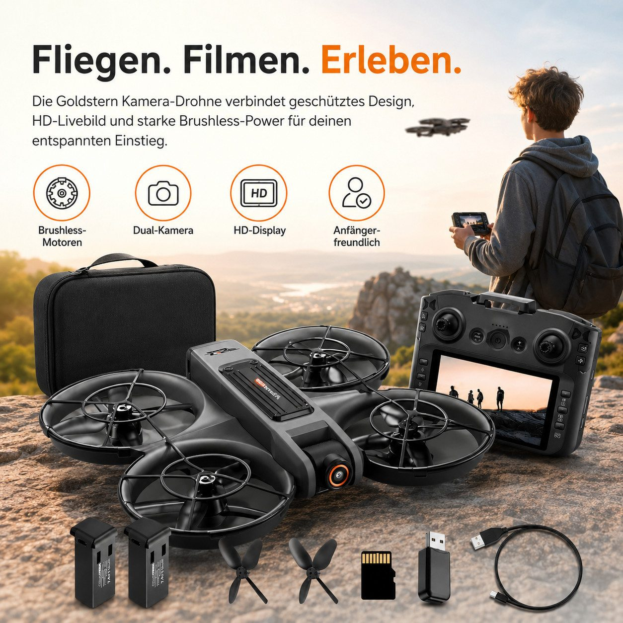 Drohne mit Zubehör, Fernbedienung und Person, die sie fliegt.