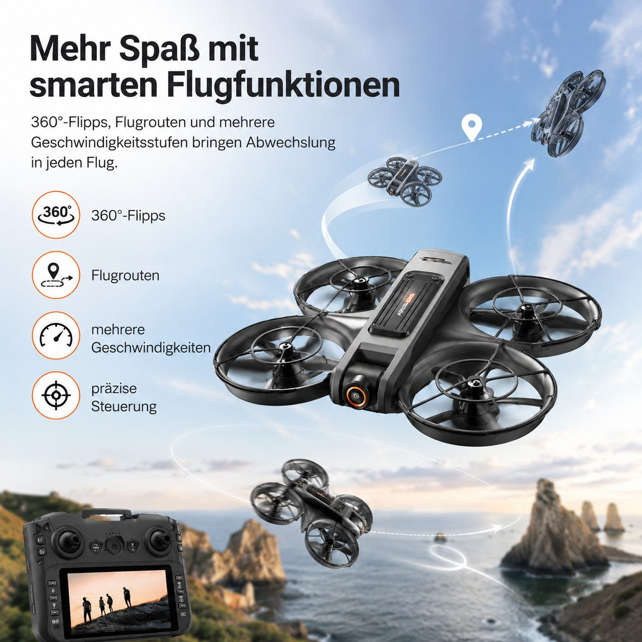 Ein schwarzer und grauer Drohnen-Controller liegt im Vordergrund.