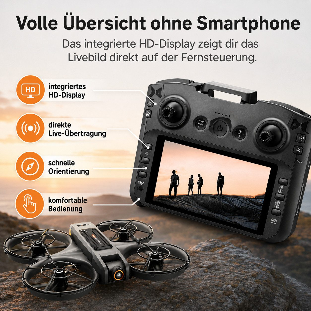 Drohne mit Fernbedienung, die Live-Bilder anzeigt. Integriertes HD-Display.