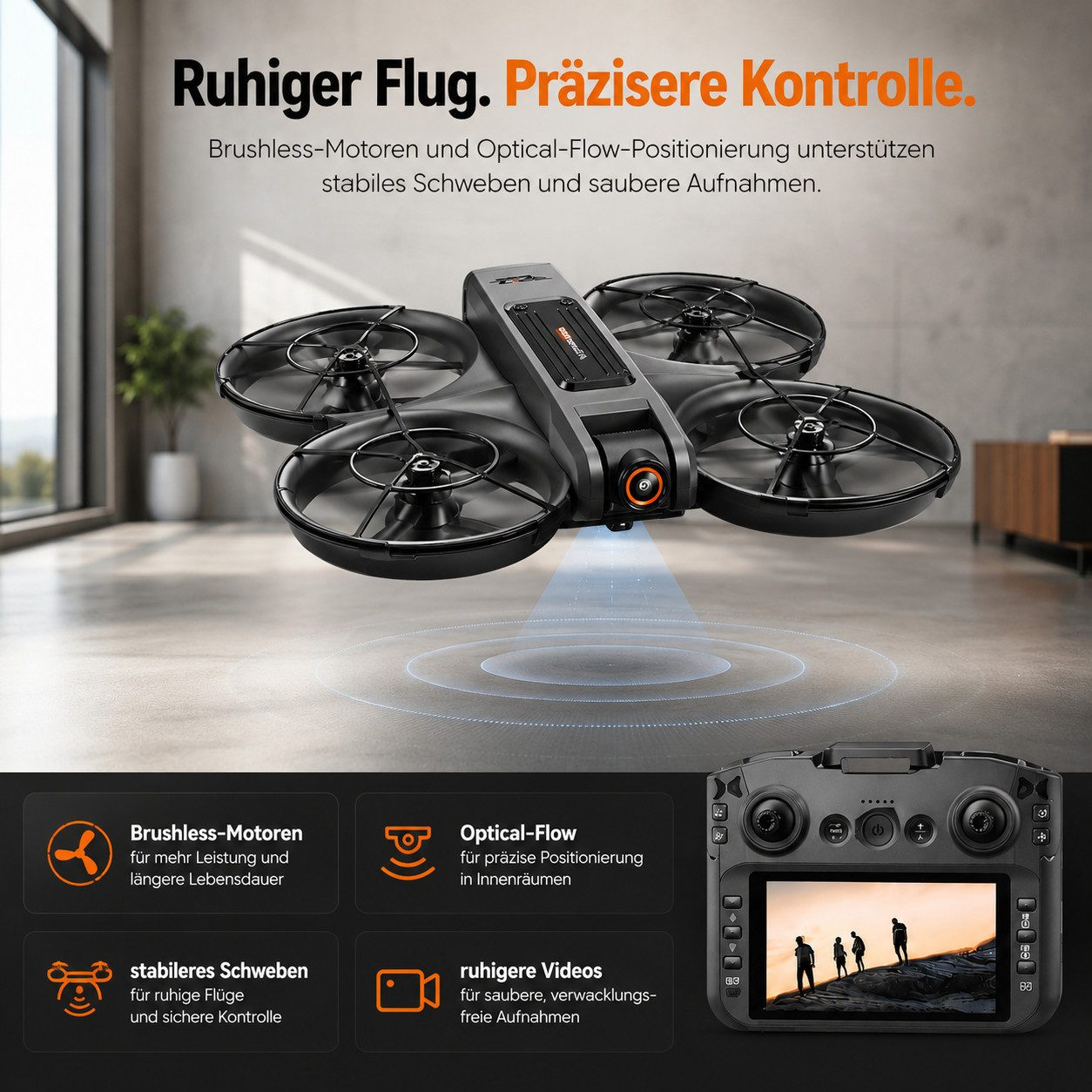 Ein schwarzer Drone schwebt über einem Boden, daneben eine Fernbedienung.