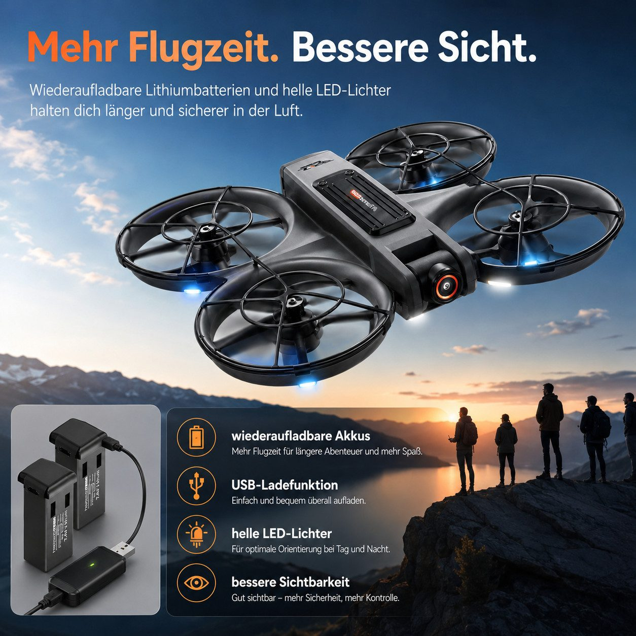 Drohne mit LED-Lichtern und Akkus vor Bergkulisse mit Wanderern.