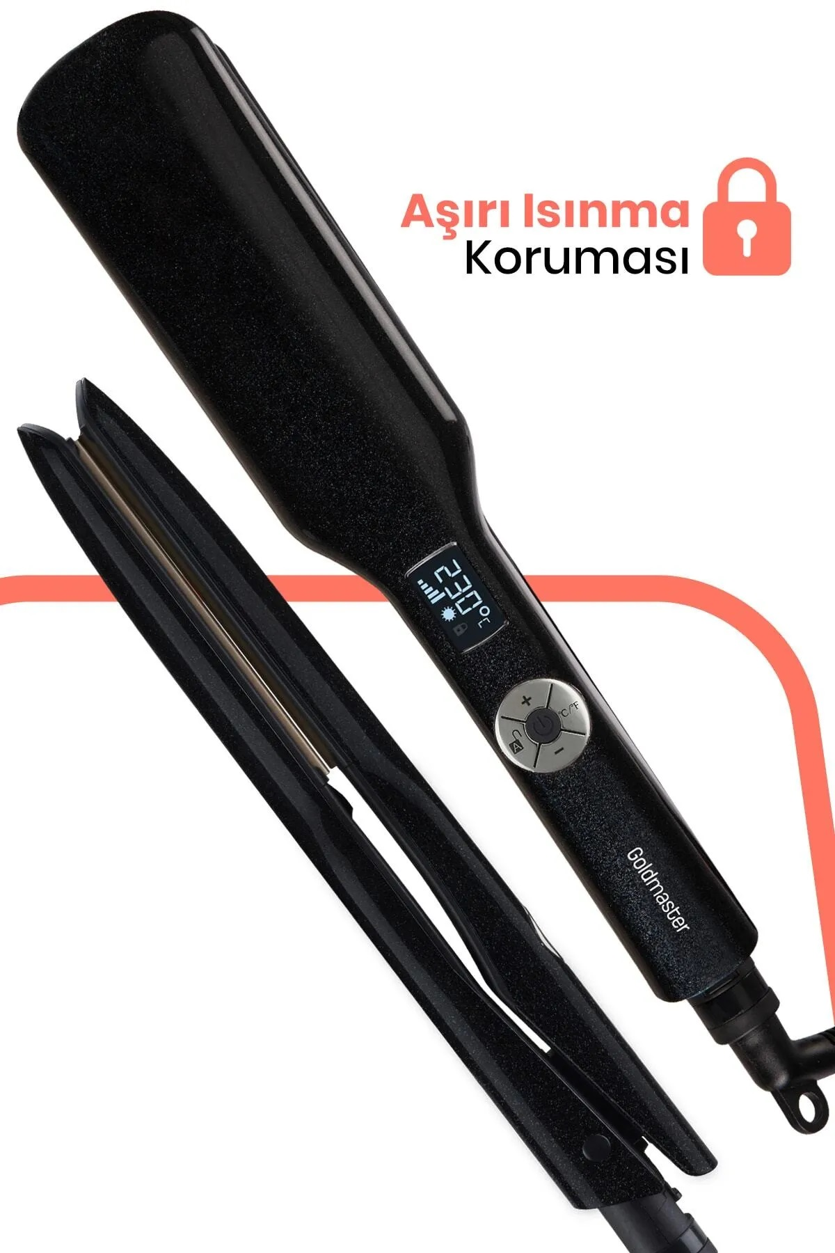 230C dijital ekranlı siyah Goldmaster saç düzleştirici. Aşırı ısınma koruması ikonu.
