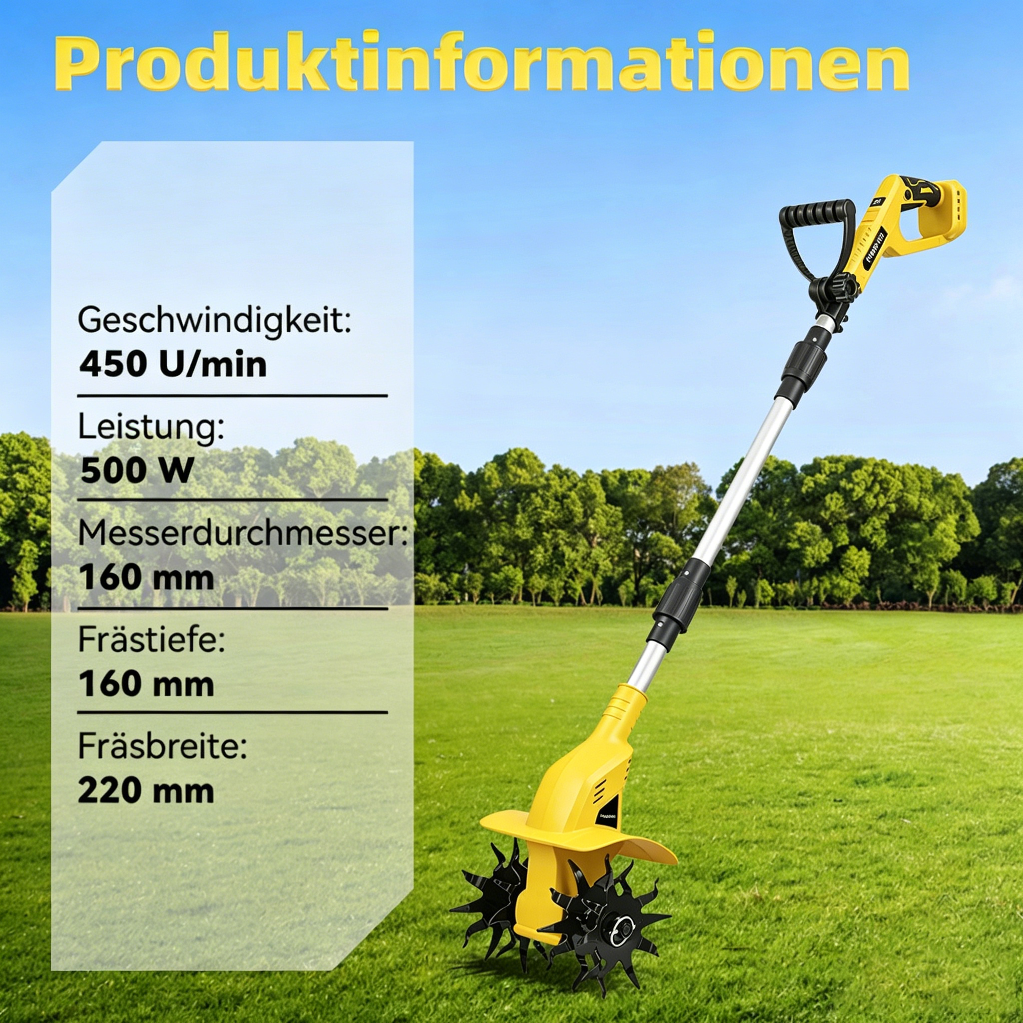 Gelber Motorhacke mit Spezifikationen auf blauem Himmel und grüner Wiese.