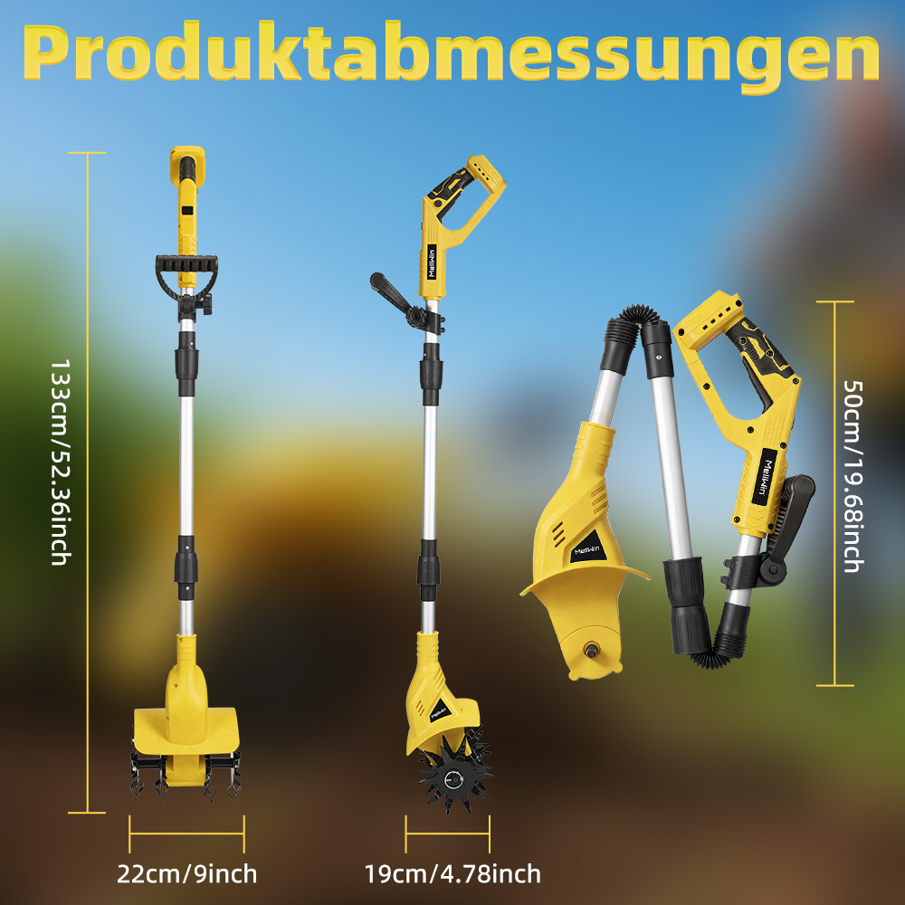 Drei gelbe Gartengeräte mit Größenangaben: Grubber, Rasentrimmer und Kantentrimmer.