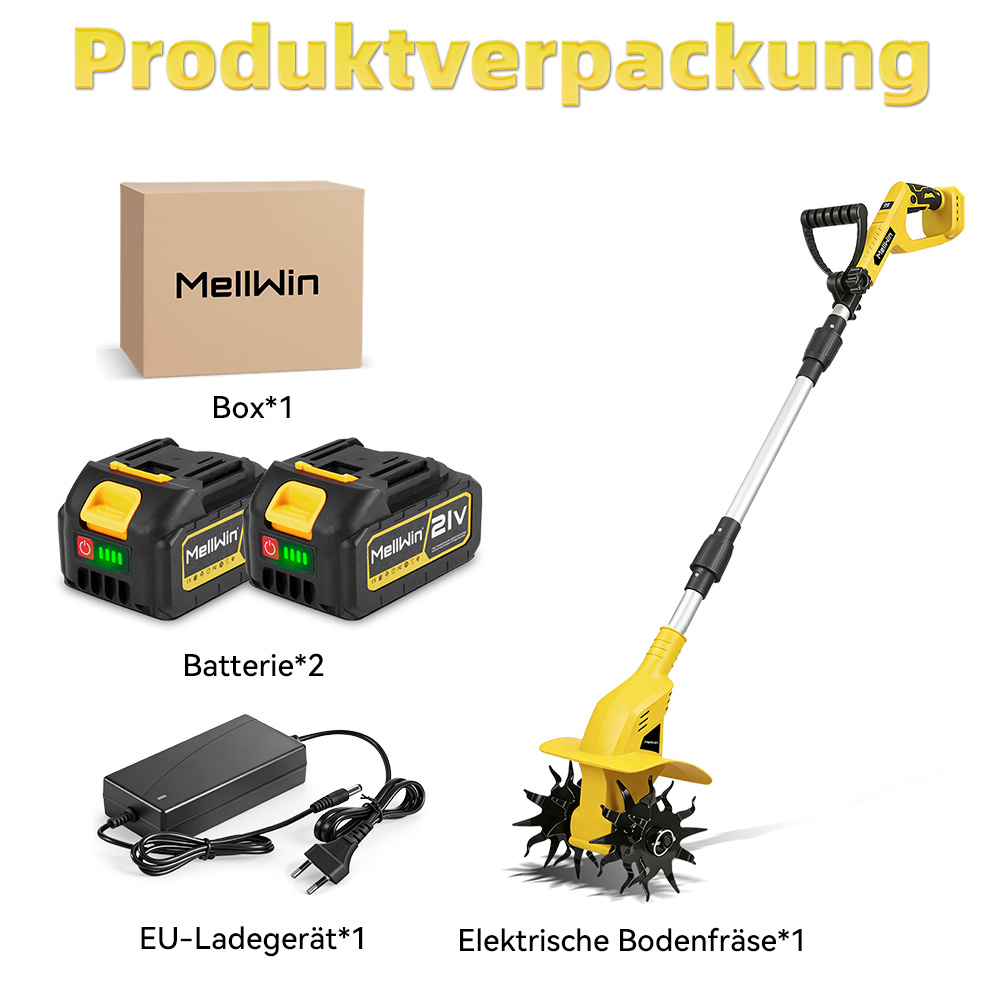 Produktverpackung: Elektrische Bodenfräse, zwei Batterien, Ladegerät und Karton.