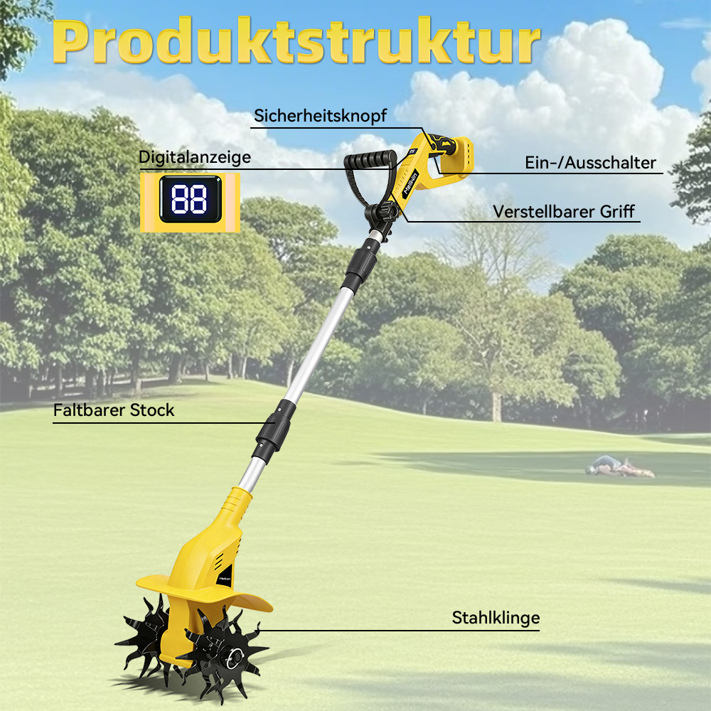 Ein gelber Rasenlüfter mit digitalen Anzeige, Sicherheitsknopf, Griff und Stahlklingen auf einer Rasenfläche.