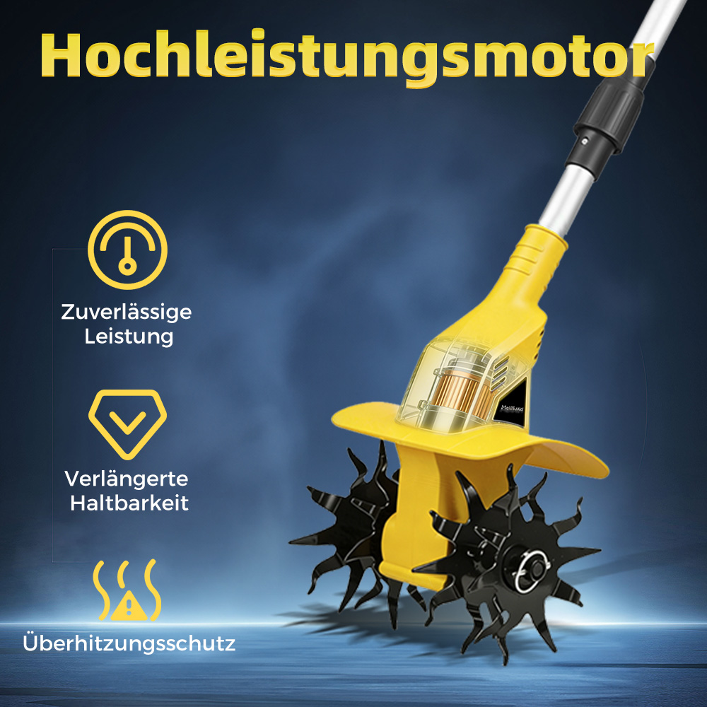 Ein gelber Motorhacken mit Metallzinken steht auf blauem Hintergrund.