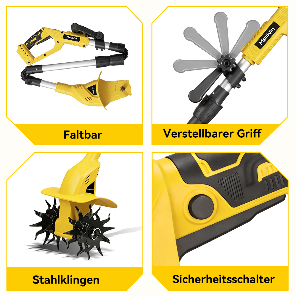Einklappbares gelbes Gartengerät mit verstellbarem Griff, Stahlklingen und Schalter.