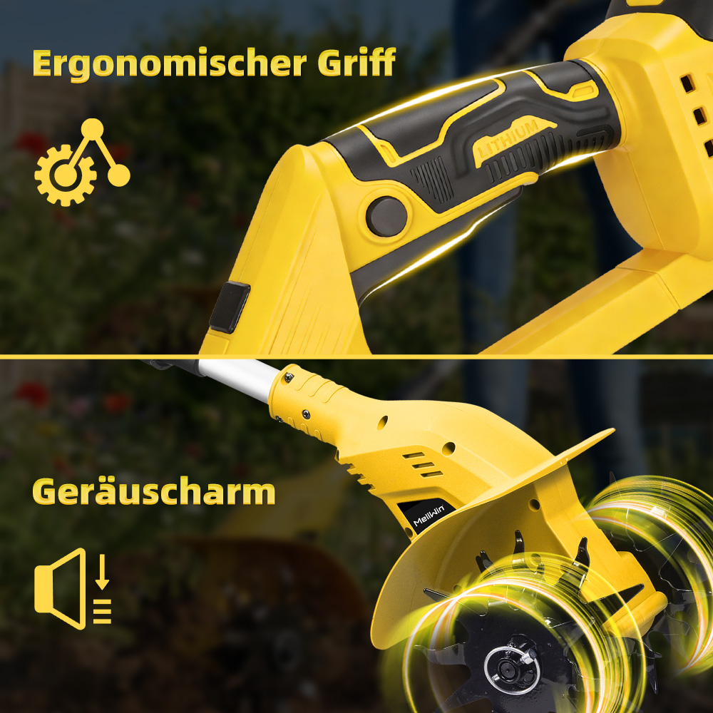 Gelber Rasentrimmer mit ergonomischem Griff und leiser Funktion.