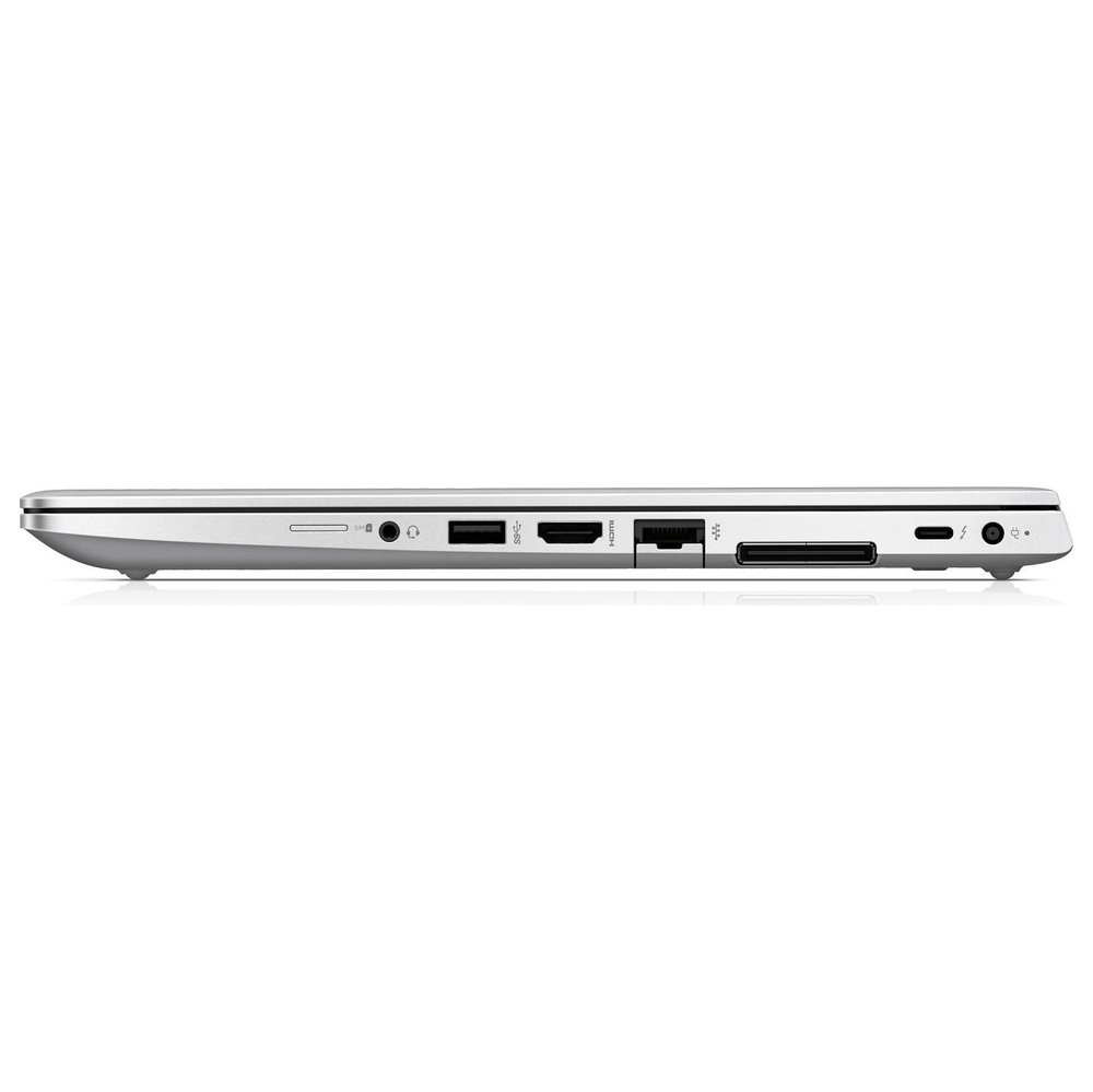 Seitenansicht eines silbernen Laptops mit Anschlüssen: USB-C, HDMI, USB-A, SD-Kartenleser.