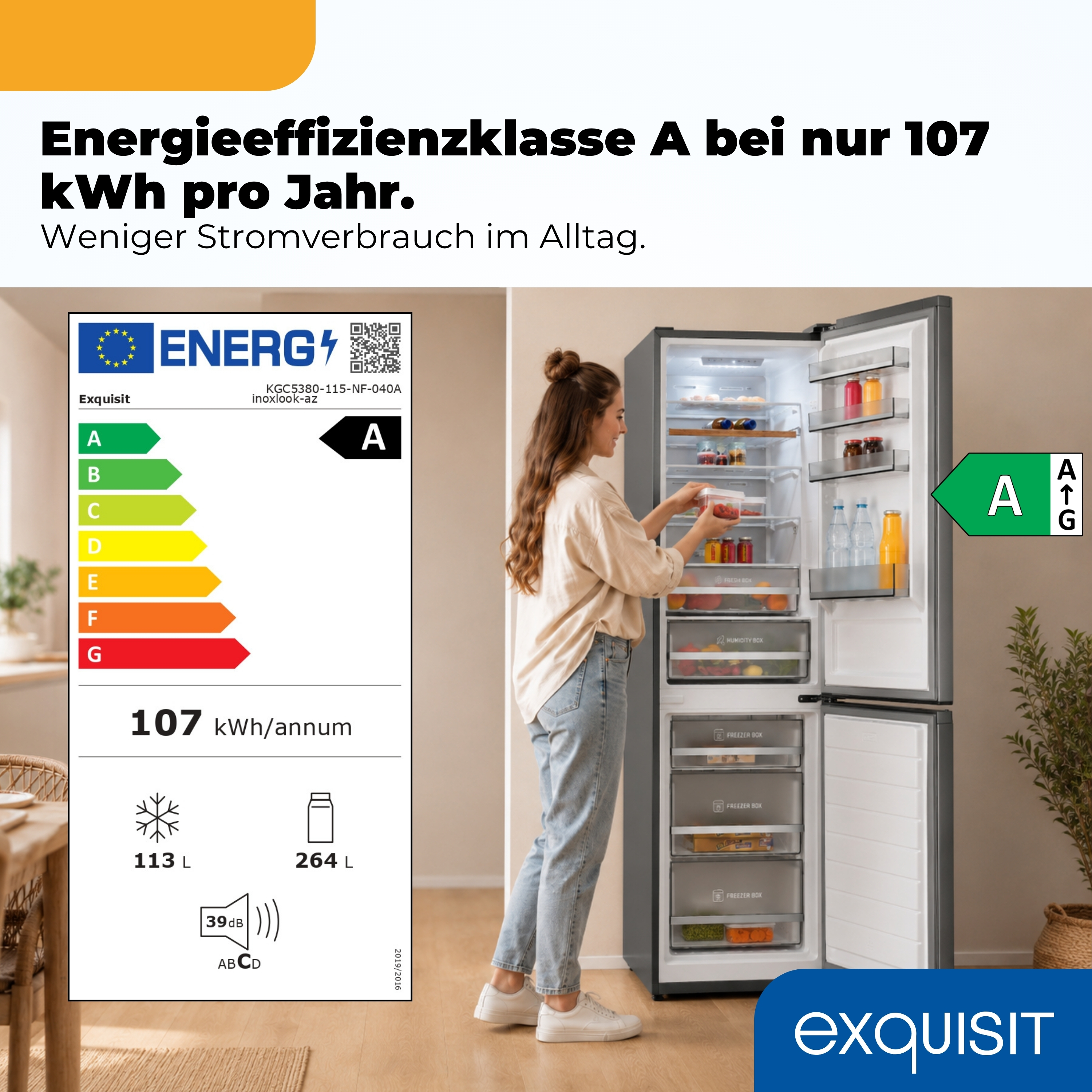 Energieeffizienzklasse A, 107 kWh/Jahr. Frau packt Kühlschrank aus.
