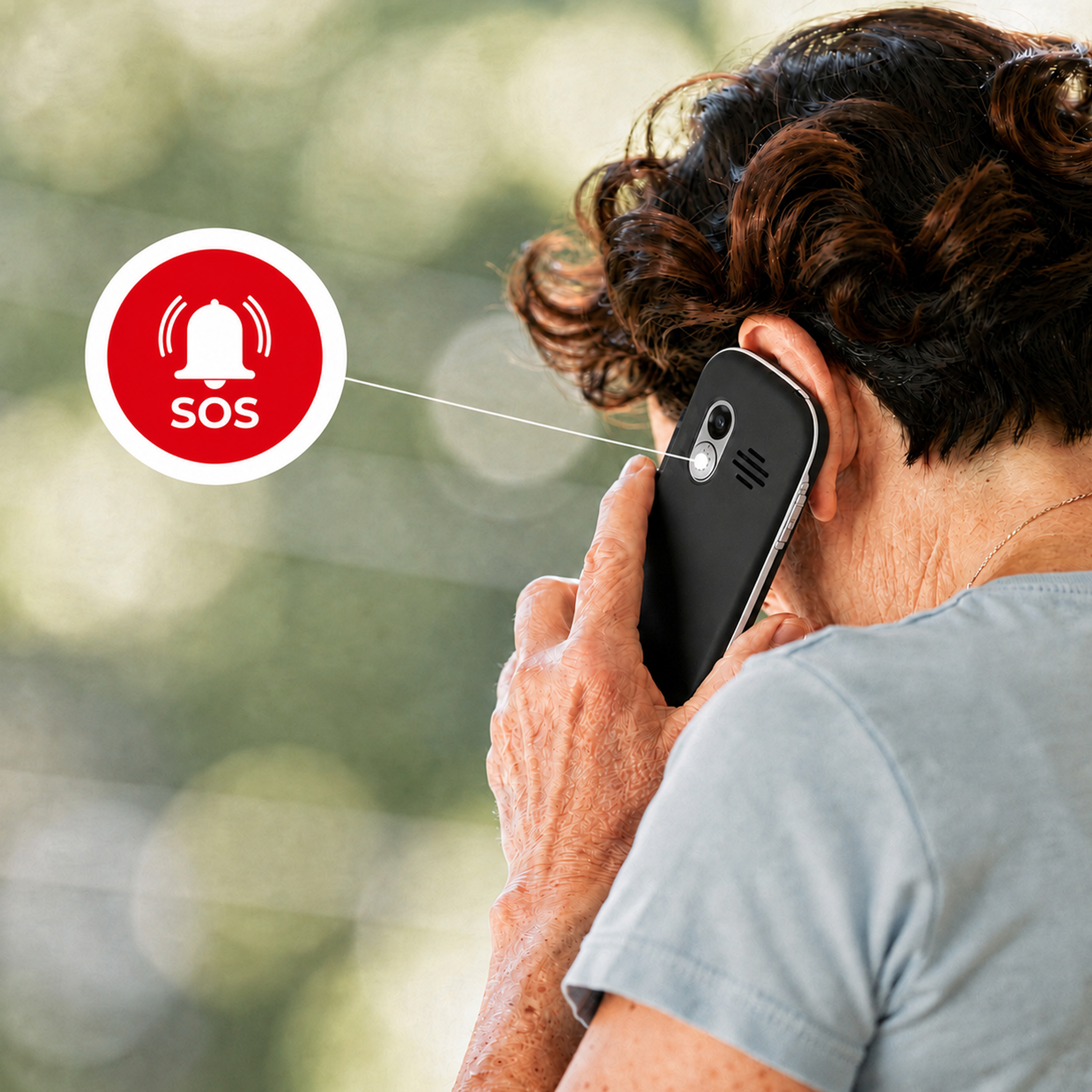 Eine Person telefoniert, ein SOS-Symbol blinkt neben ihrem Ohr.