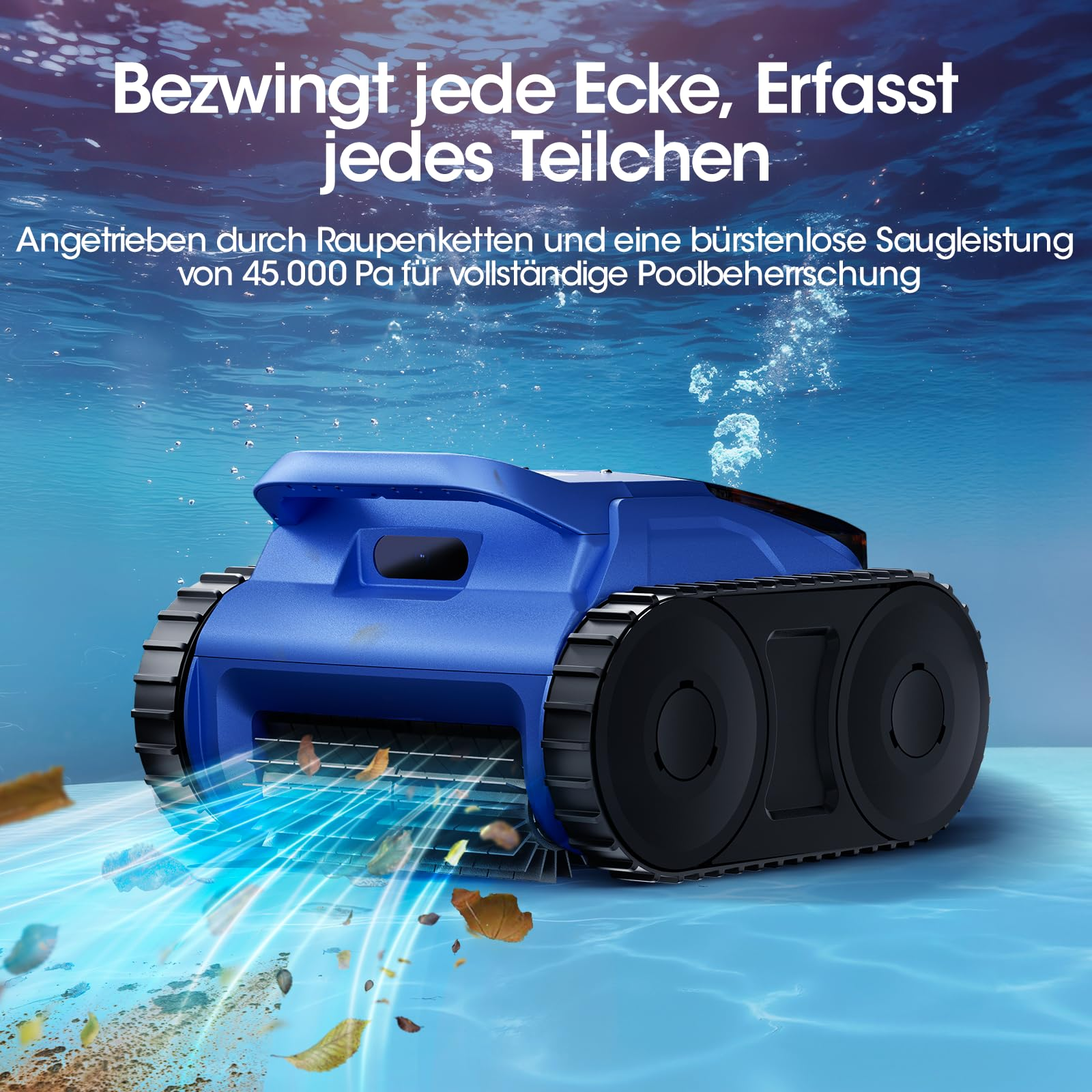 Ein blauer Poolroboter mit Ketten fährt unter Wasser und saugt Blätter auf.
