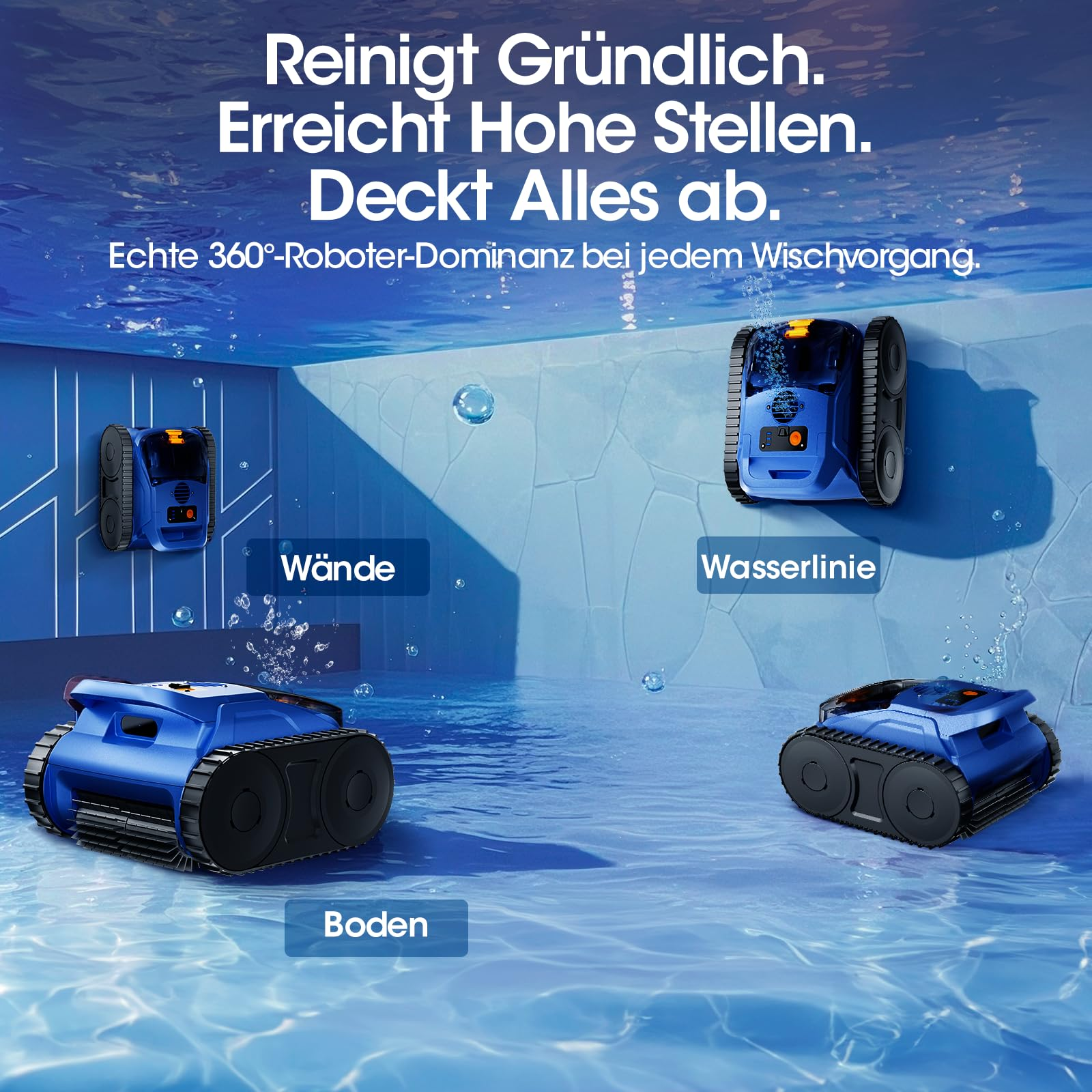 Ein blauer Poolroboter reinigt den Boden, die Wände und die Wasserlinie.