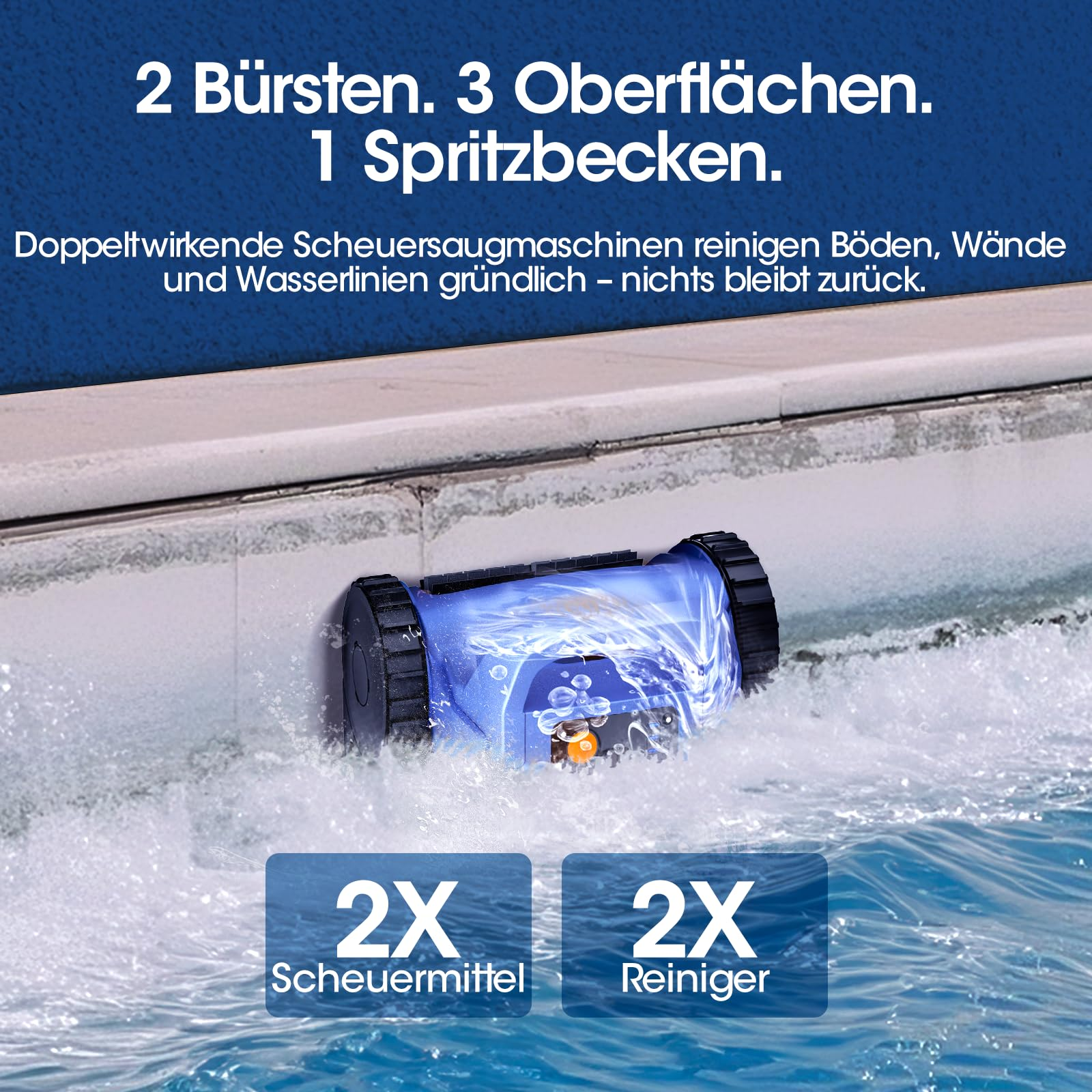 Ein blauer Poolreiniger mit Rädern reinigt eine Poolwand im Wasser.