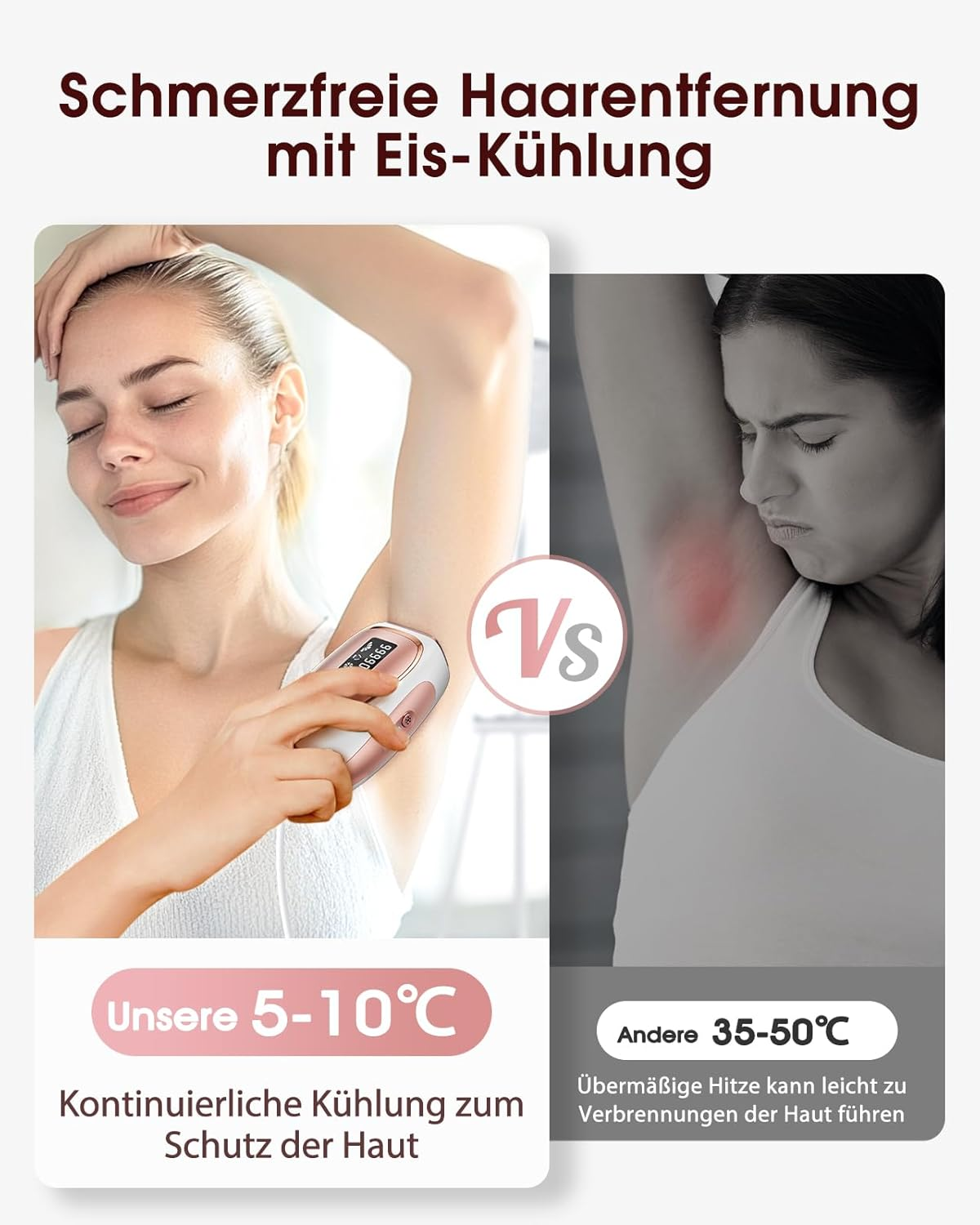 Vergleich von Eis-Kühlung zur Haarentfernung mit 5-10℃ vs. Hitzebehandlung 35-50℃.