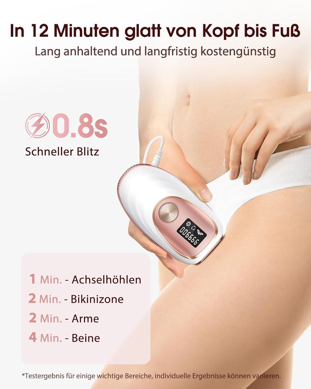 Ein IPL-Haarentfernungsgerät wird an der Haut gehalten, mit Text über Blitzgeschwindigkeit und Anwendungsdauer.