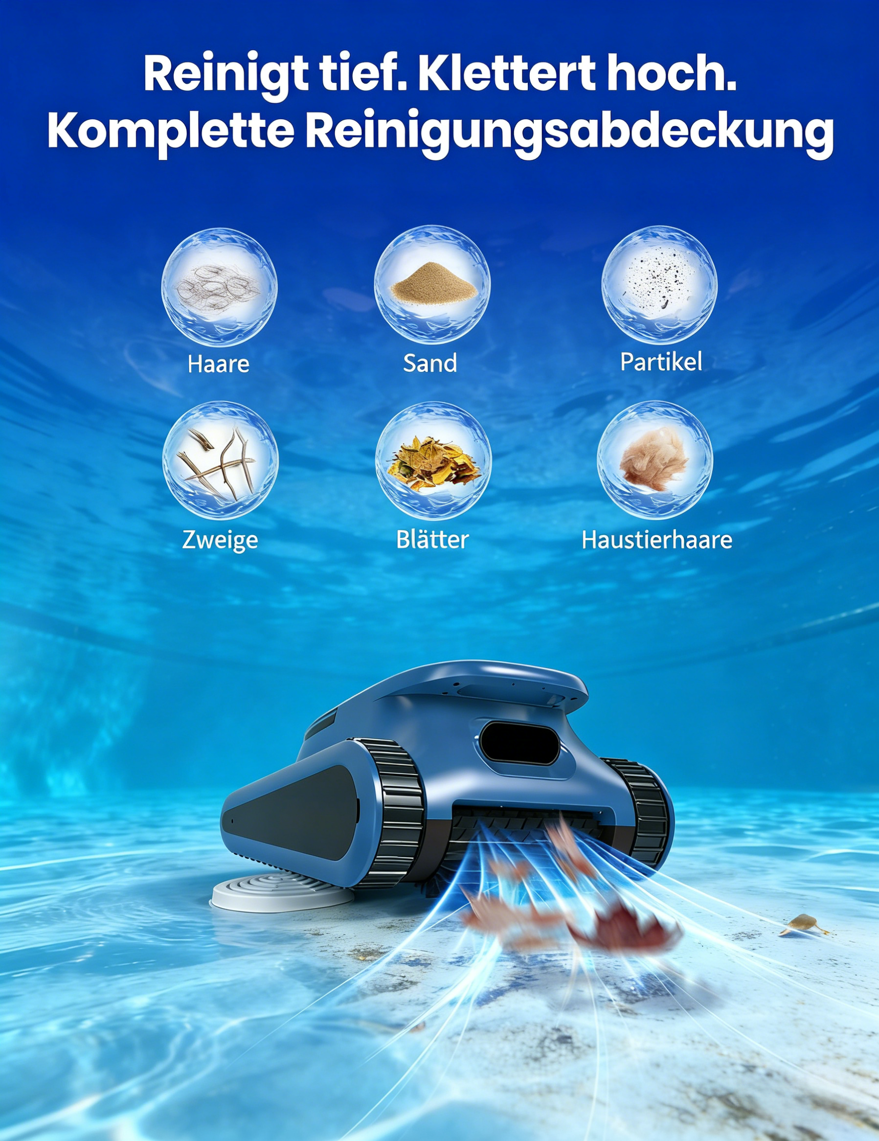 Ein blauer Poolreiniger saugt Blätter und Schmutz vom Beckenboden auf.
