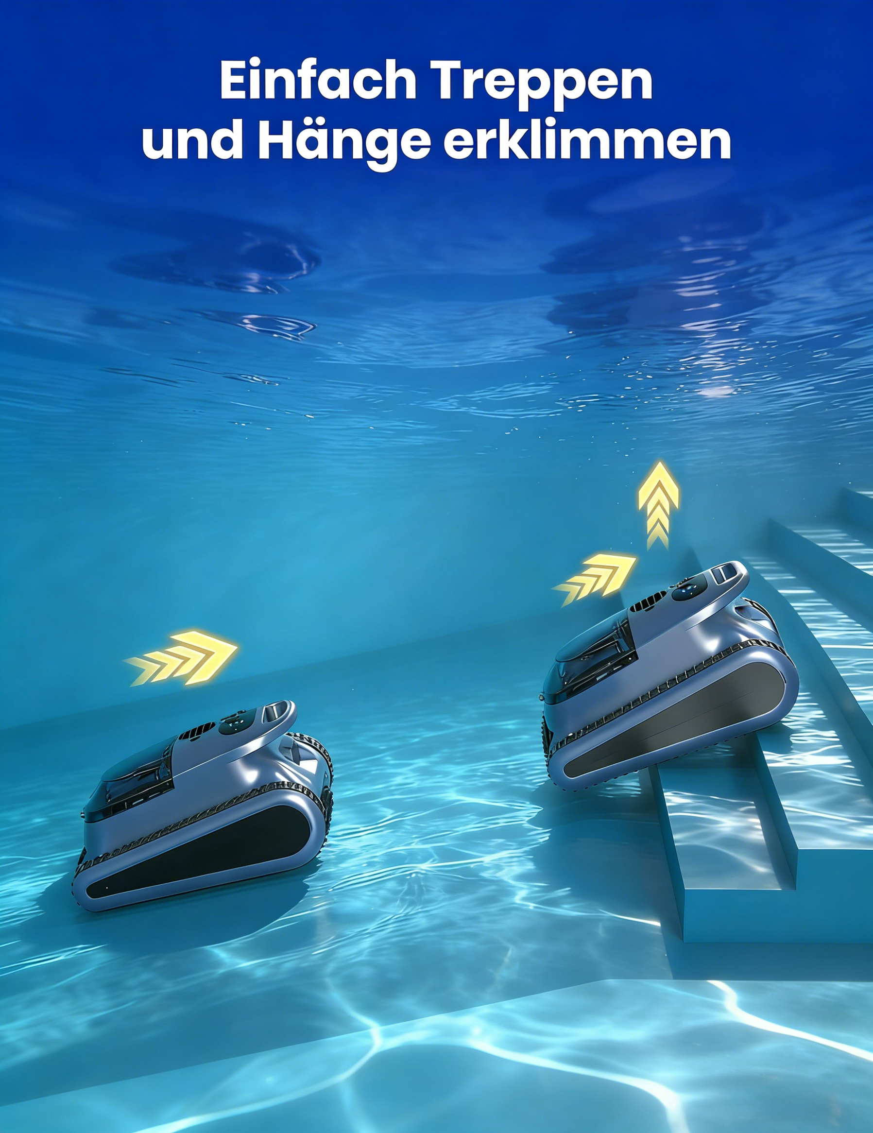 Zwei Poolroboter mit gelben Pfeilen, die Treppen hochfahren.