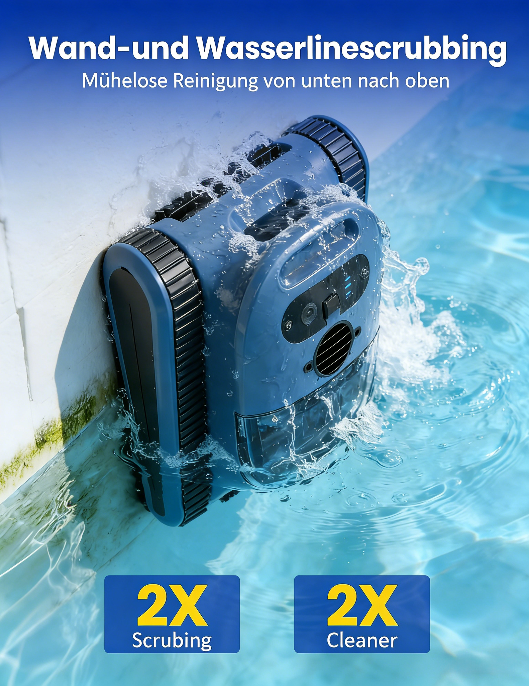 Ein blauer Poolroboter reinigt die Poolwand und Wasserlinie.