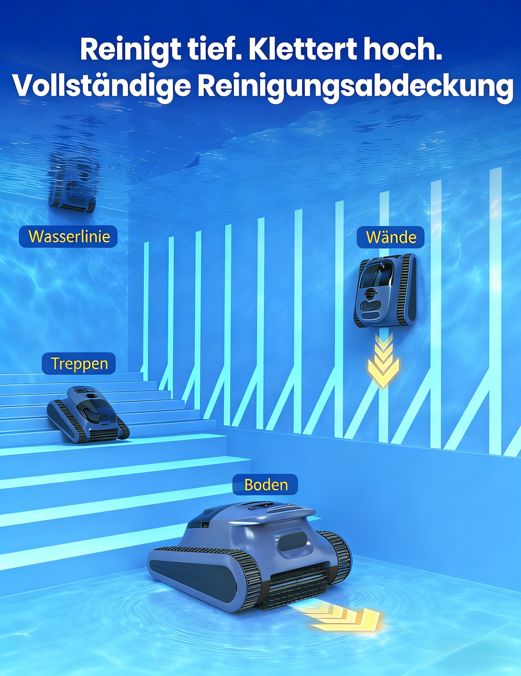 Ein Poolreiniger auf Stufen, Wänden und am Wasserspiegel.