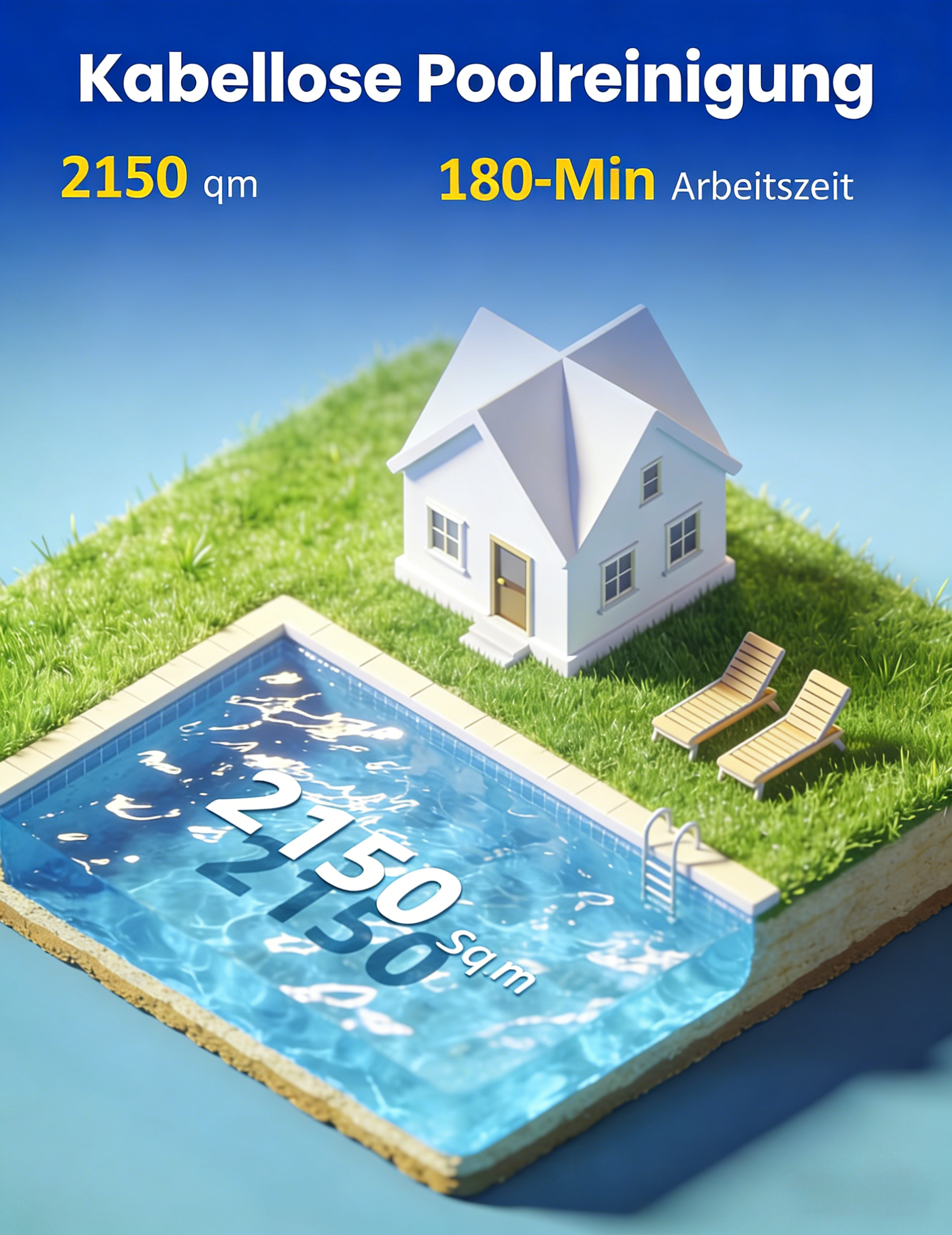 Kabellose Poolreinigung: 2150 qm, 180 Min. Arbeitszeit. Haus, Pool, Liegen.