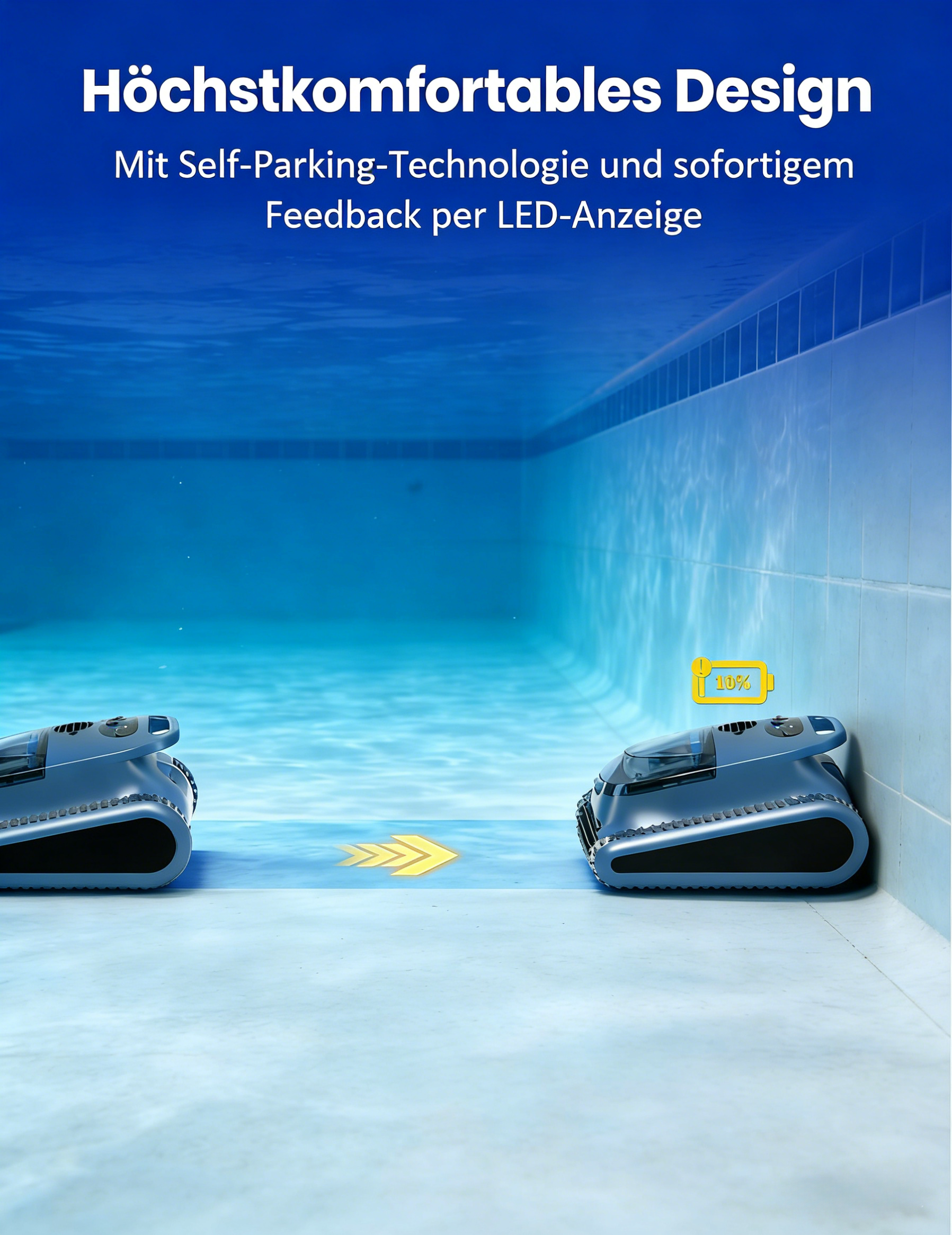 Zwei Roboter-Poolreiniger unter Wasser, einer mit 10 % Akku, ein gelber Pfeil zeigt nach links.