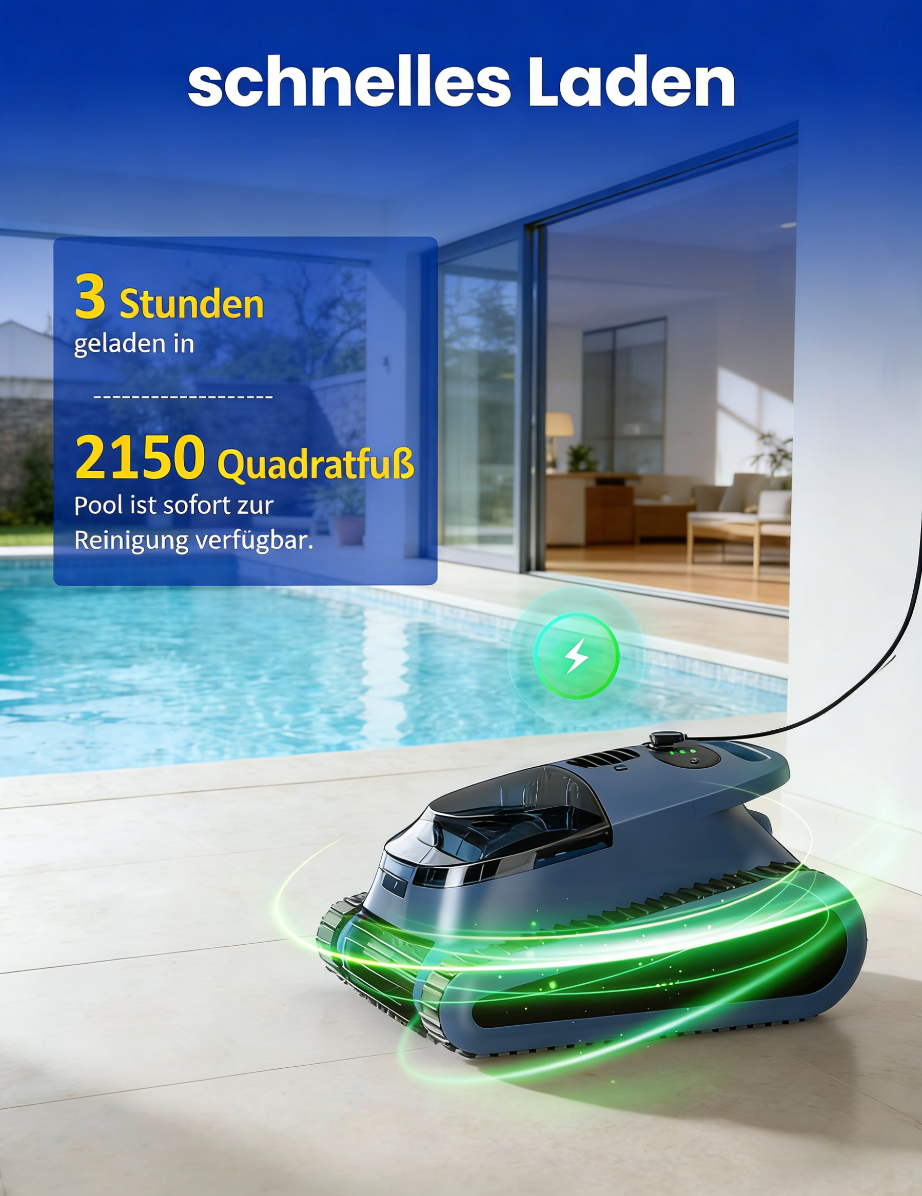 Ein blauer Poolroboter wird geladen. "Schnelles Laden" ist zu sehen.
