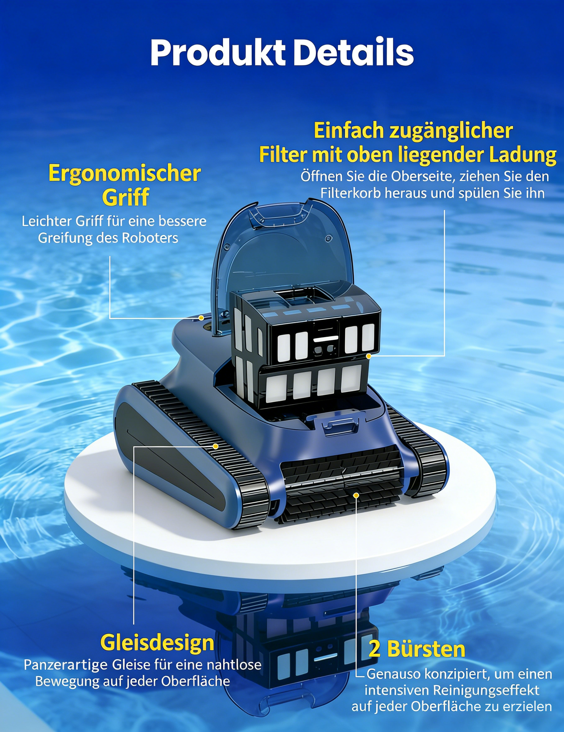 Ein blauer Poolroboter mit offenem Filterkorb auf einem weißen Podest. Produktmerkmale hervorgehoben.