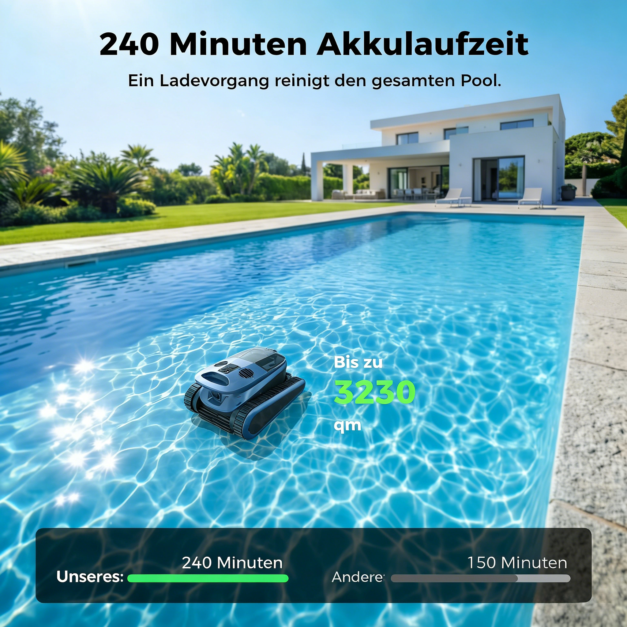 Ein Poolroboter reinigt einen Pool. Bis zu 3230 qm mit 240 Min. Akku.