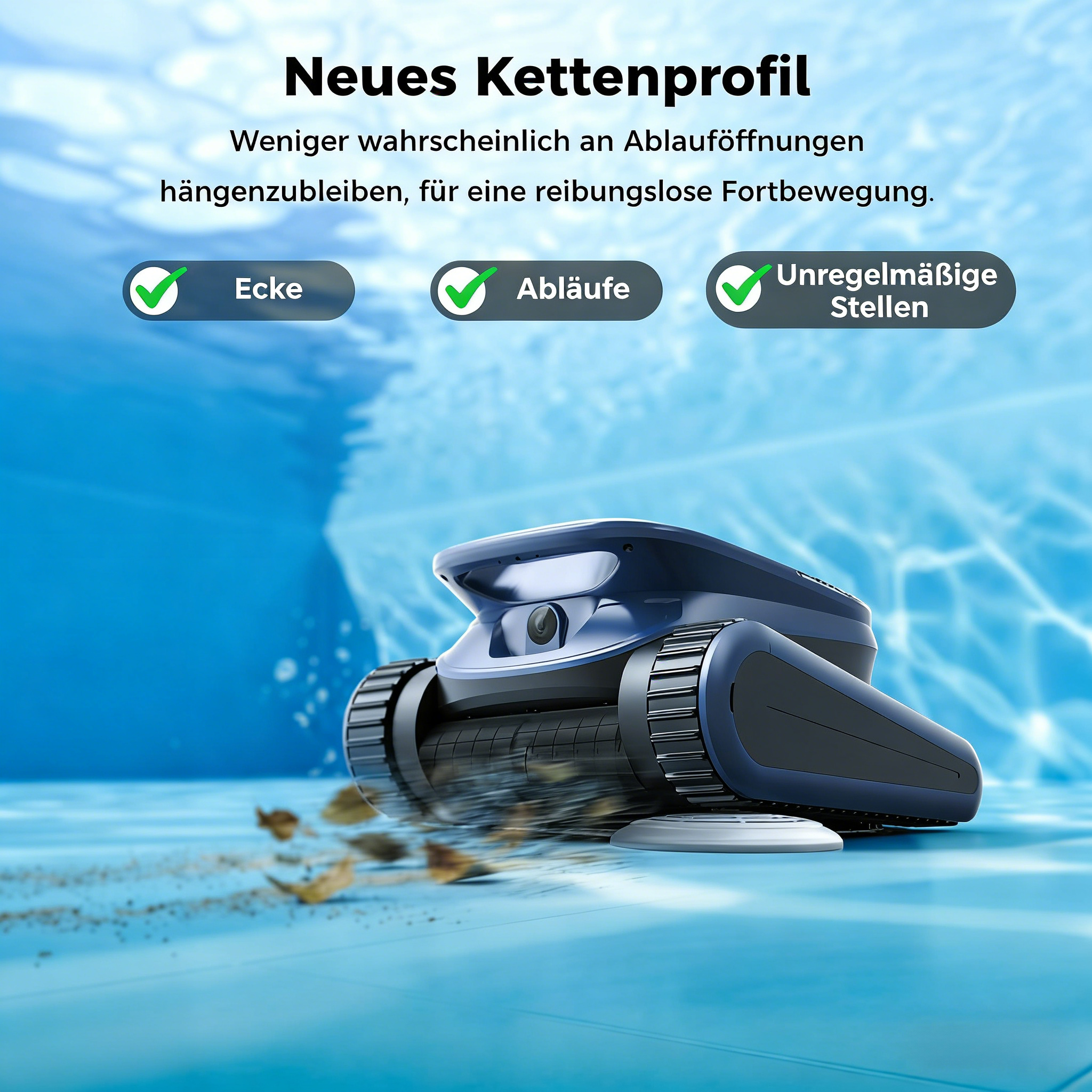Ein blauer Poolroboter reinigt den Poolboden von Blättern und Schmutz.