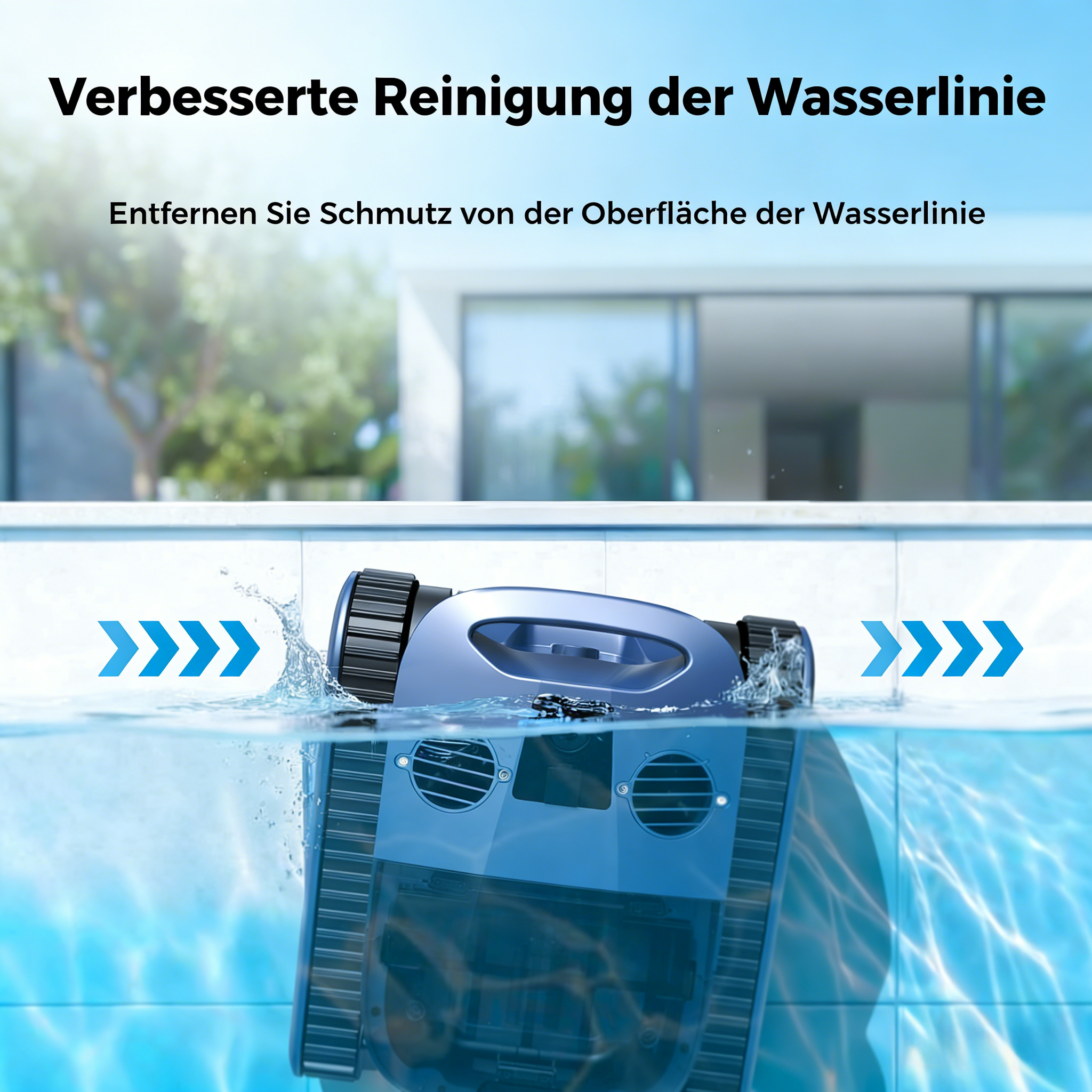 Ein blauer Poolroboter reinigt die Wasserlinie eines Pools. Blaue Pfeile zeigen Richtung an.