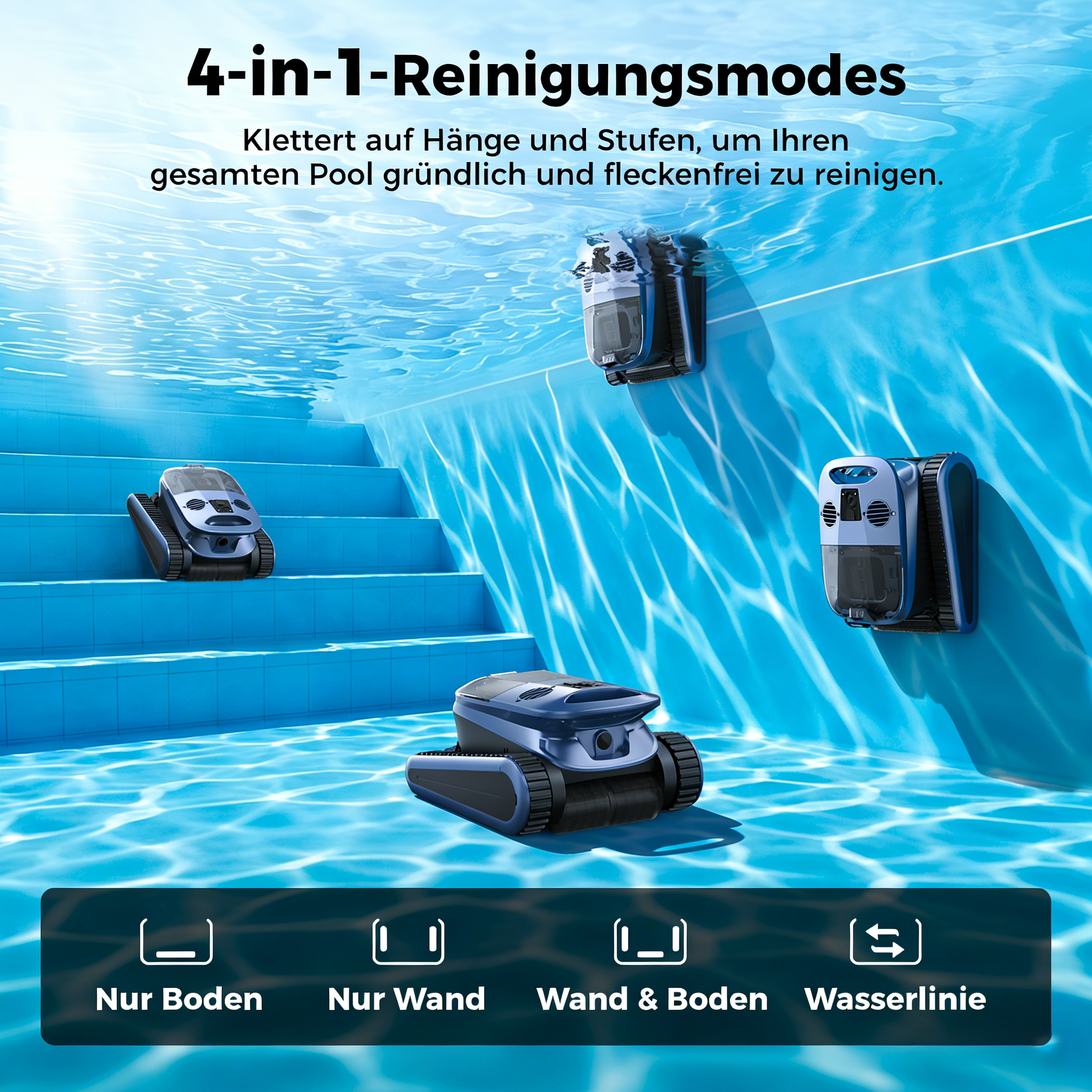 Vier Poolreiniger auf verschiedenen Ebenen im blauen Pool.
