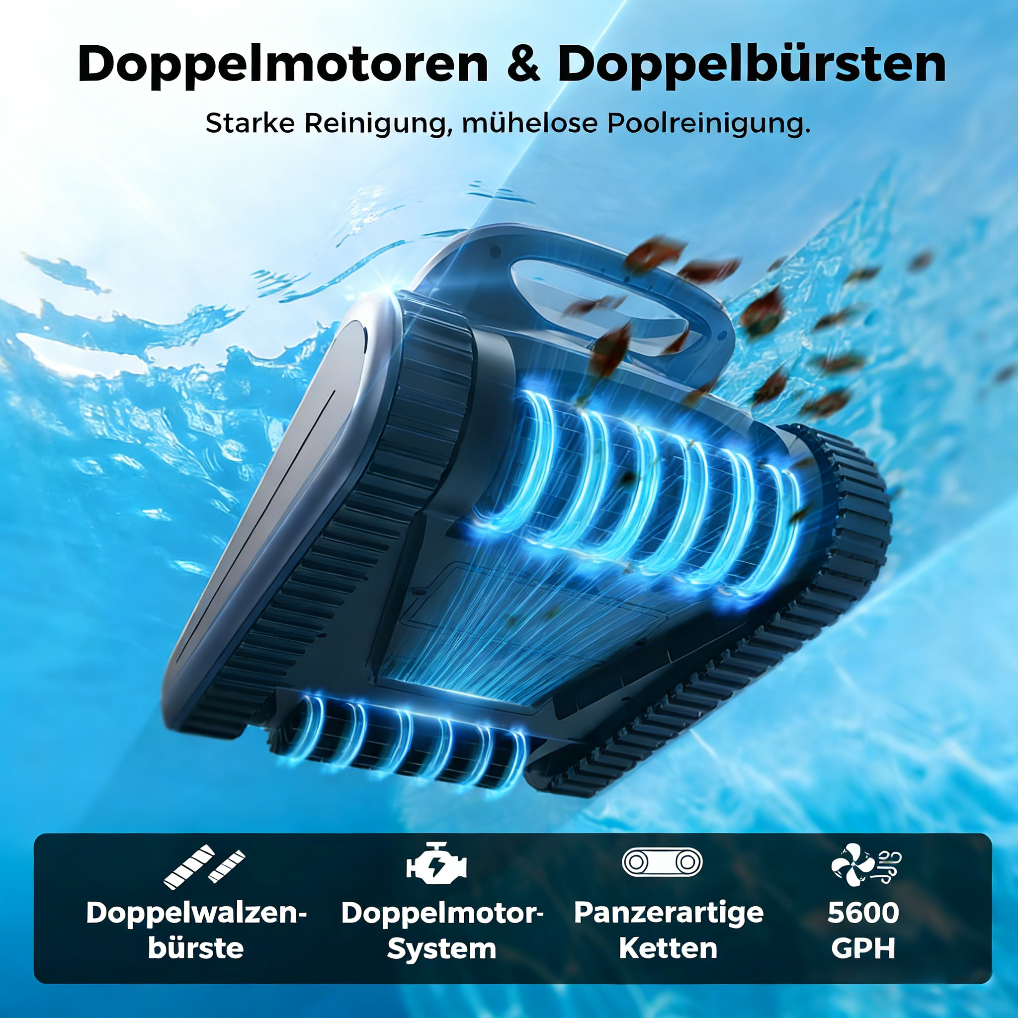 Poolreiniger mit Doppelmotoren und Bürsten saugt Schmutz auf.