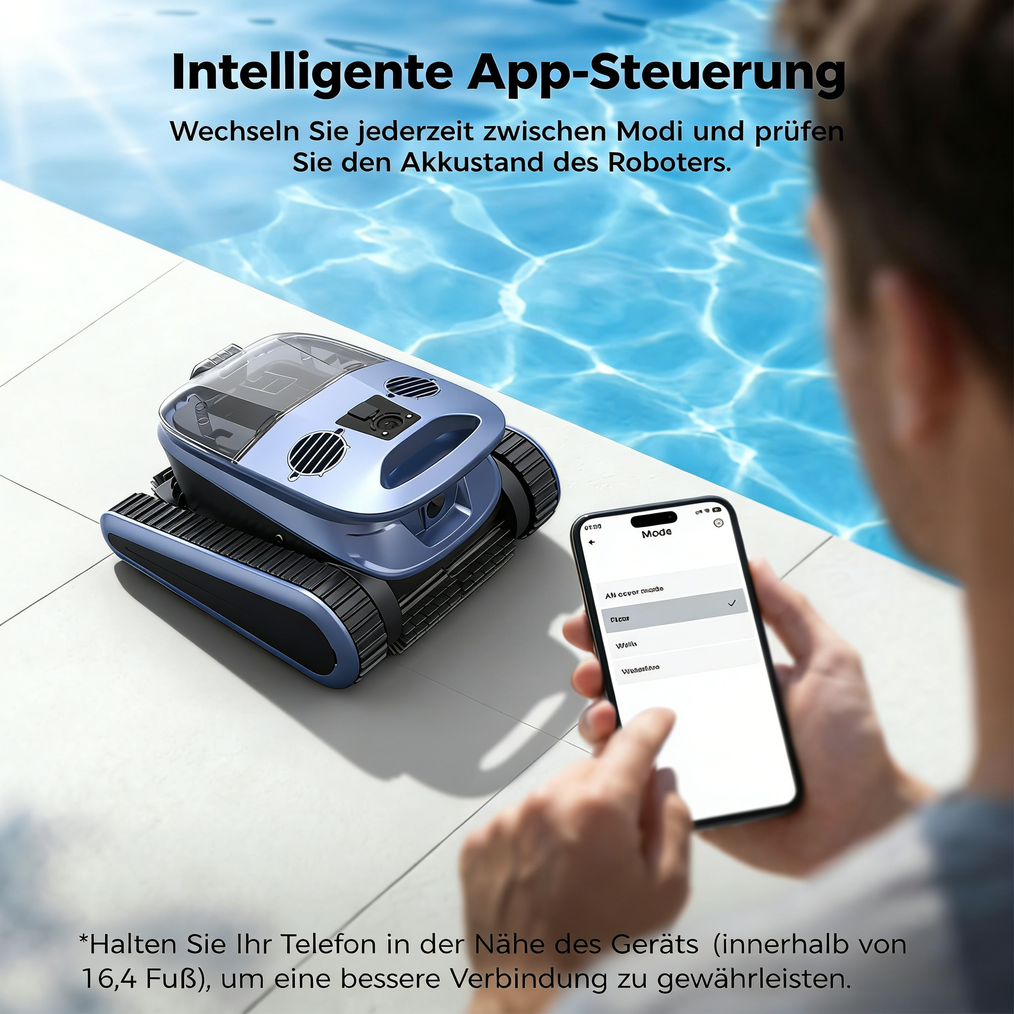 Ein blauer Poolroboter liegt am Beckenrand, gesteuert per Smartphone-App.
