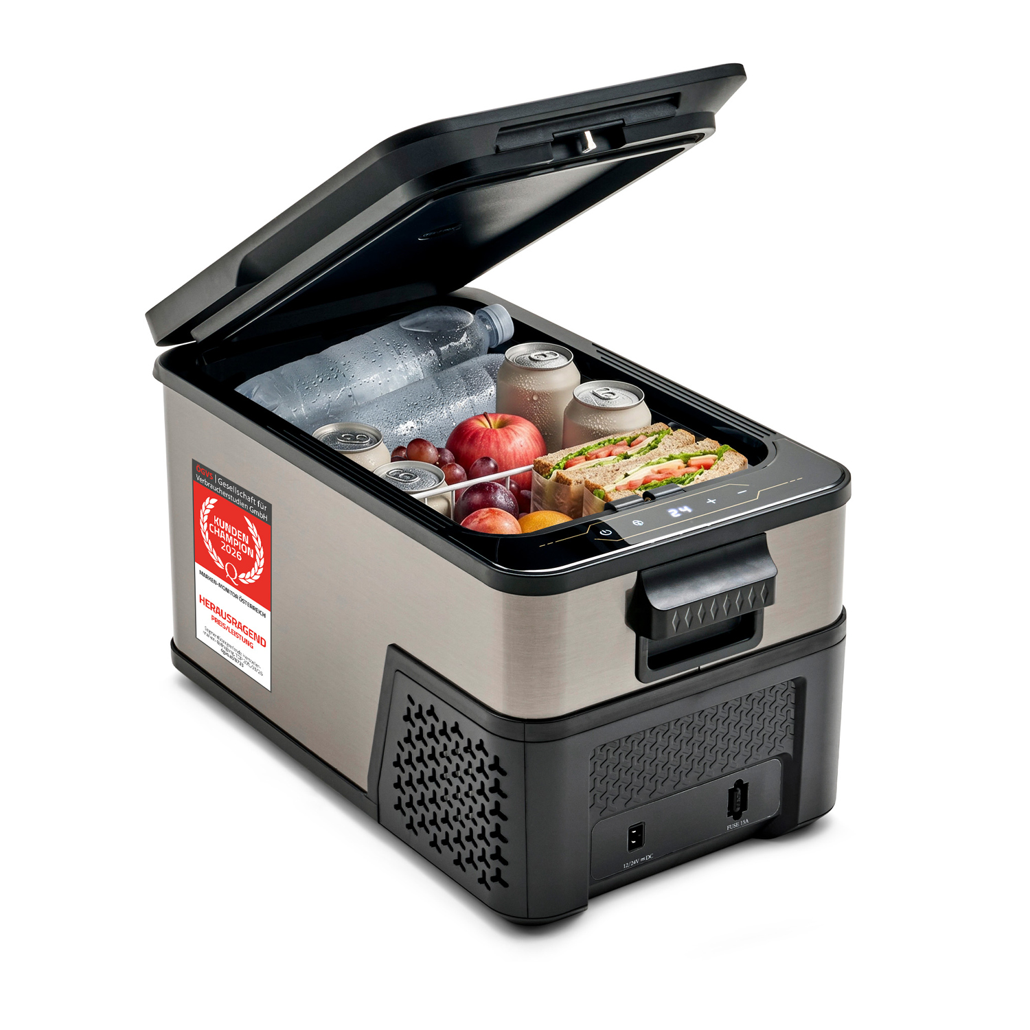 Offener Kühlschrank mit Getränken, Sandwiches und Obst. Aufkleber auf der Seite.