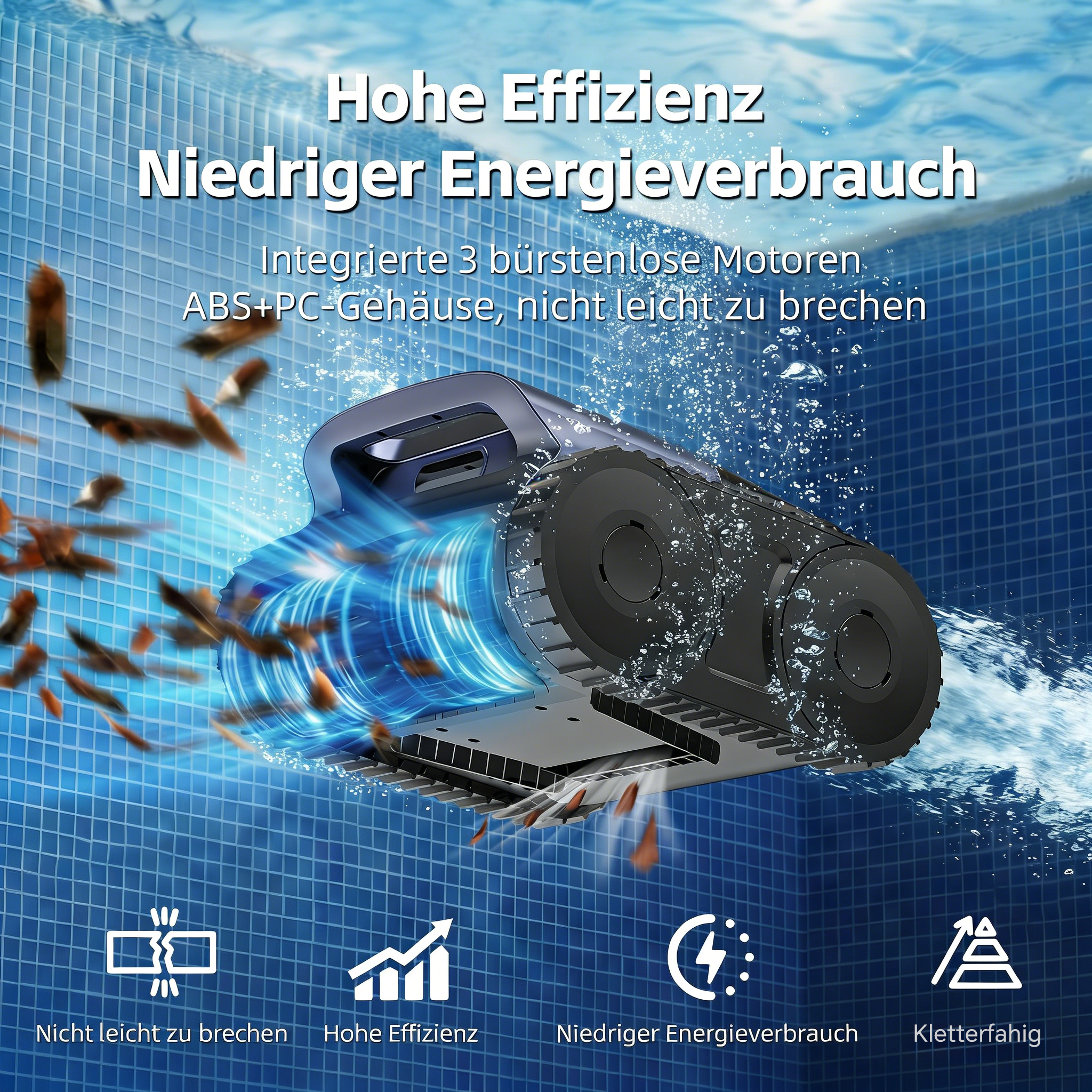 Poolreiniger im Wasser mit Symbolen für Effizienz und Haltbarkeit.