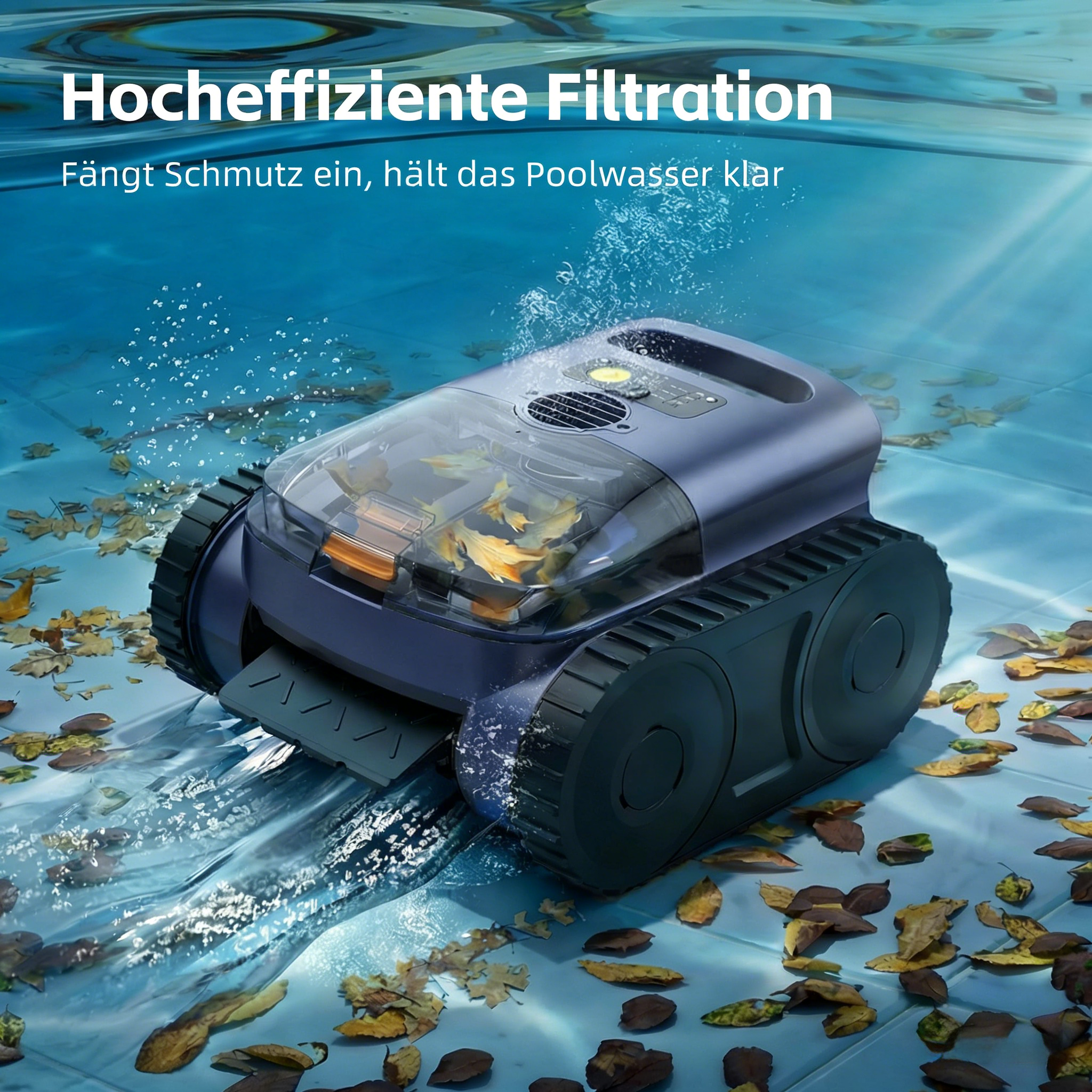 Ein Poolroboter mit Raupenantrieb reinigt den Poolboden von Laub.