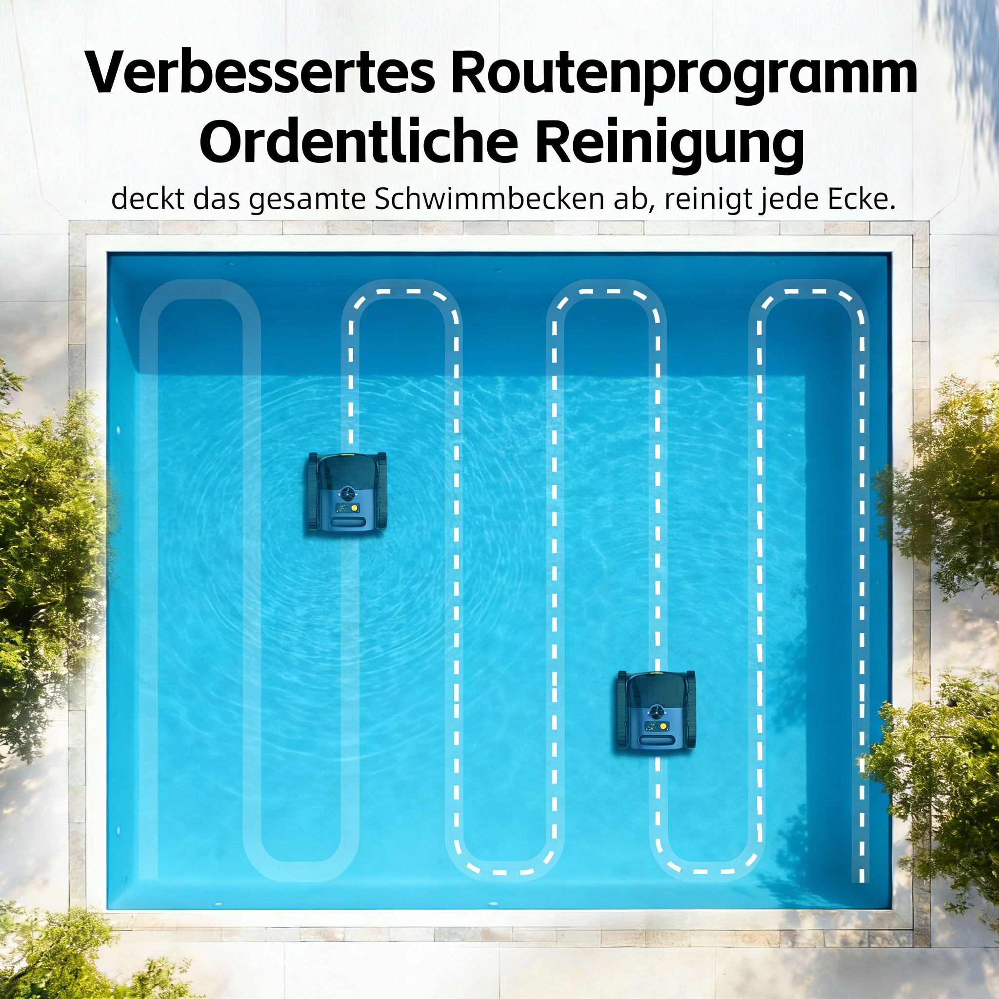 Zwei Poolroboter reinigen einen blauen Pool, die Routen sind weiß markiert.