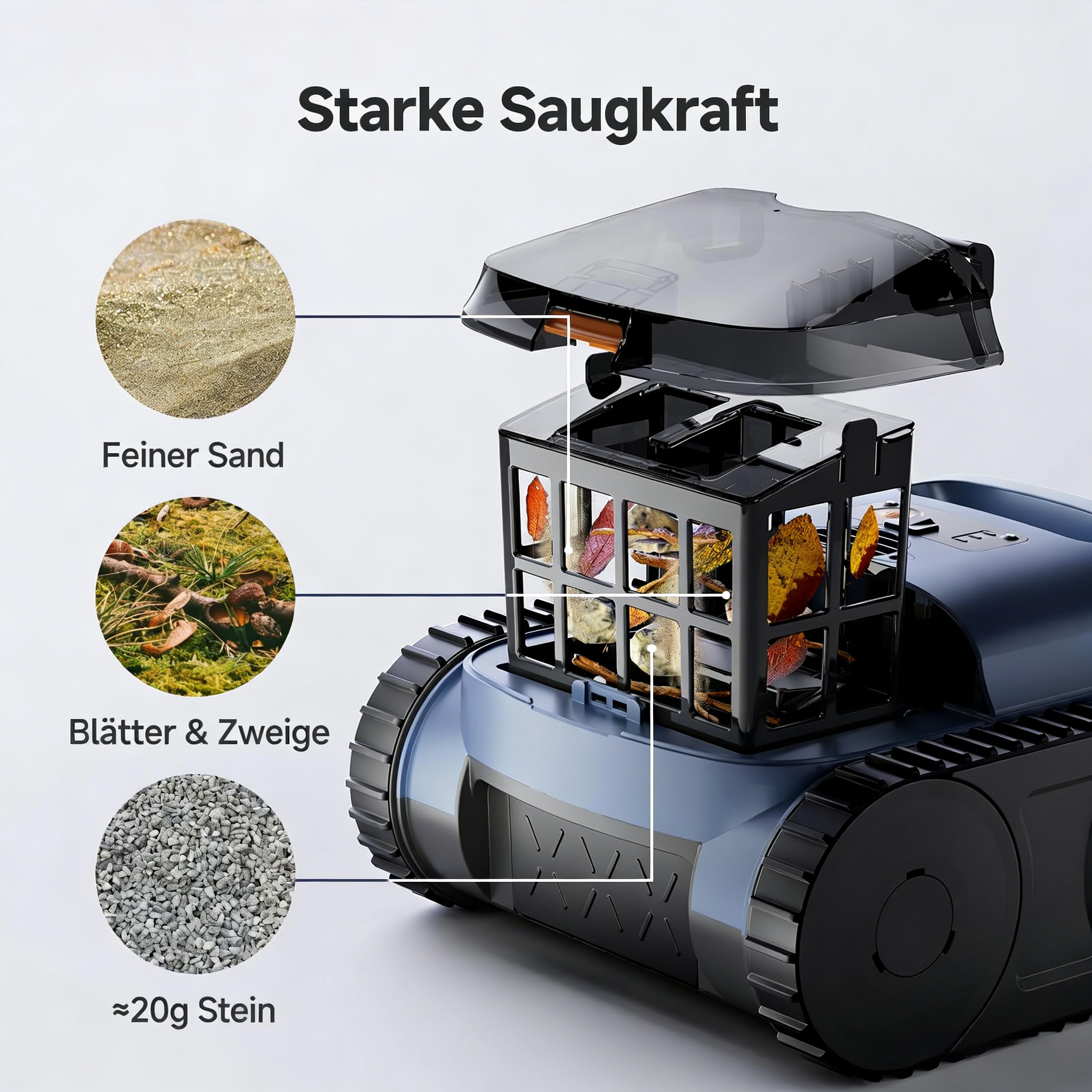 Ein blauer Roboter mit einem transparenten Behälter, der Sand, Blätter und Steine enthält.