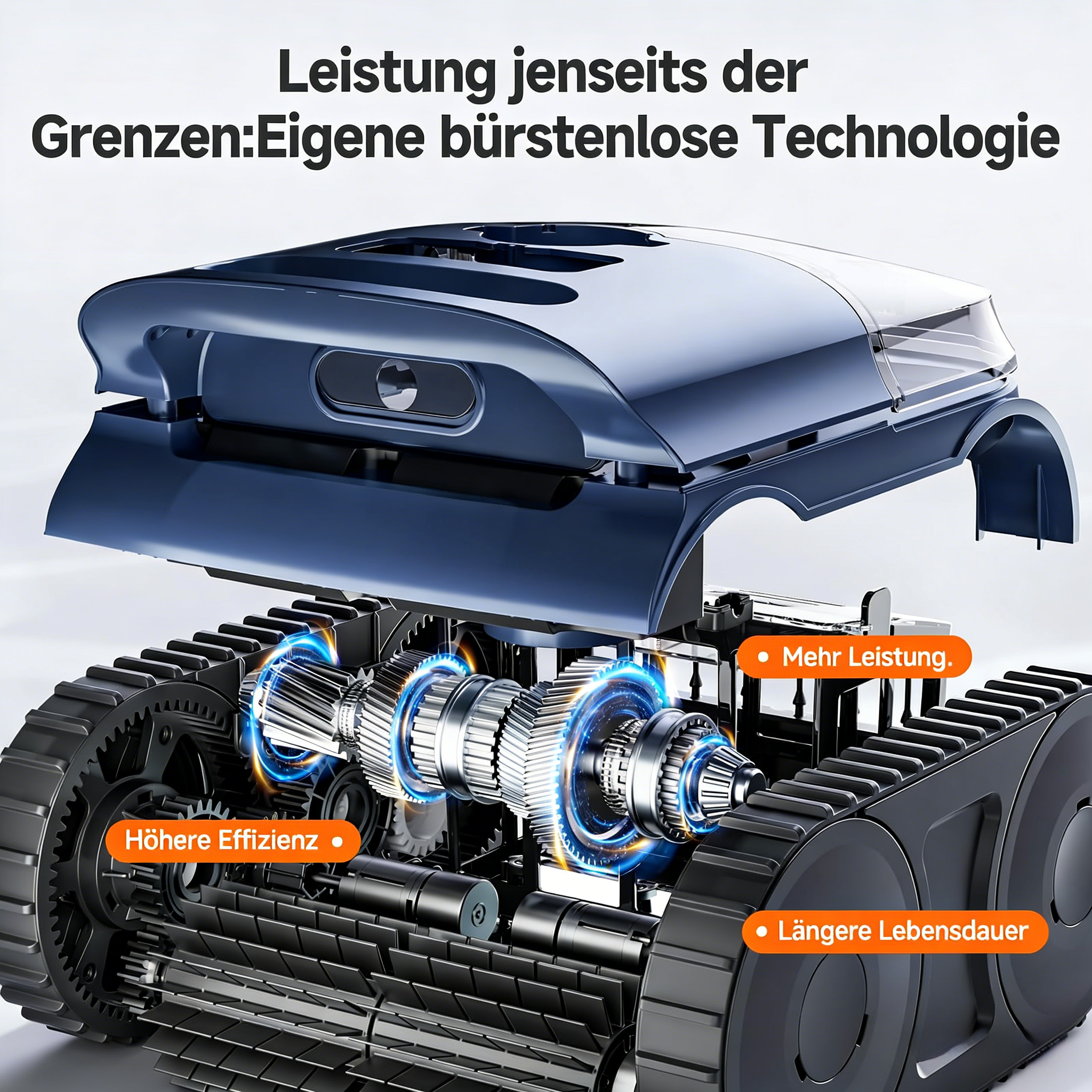 Ein blauer Rasenmähroboter mit freigelegtem Getriebe, Zahnrädern und Antriebsrädern.