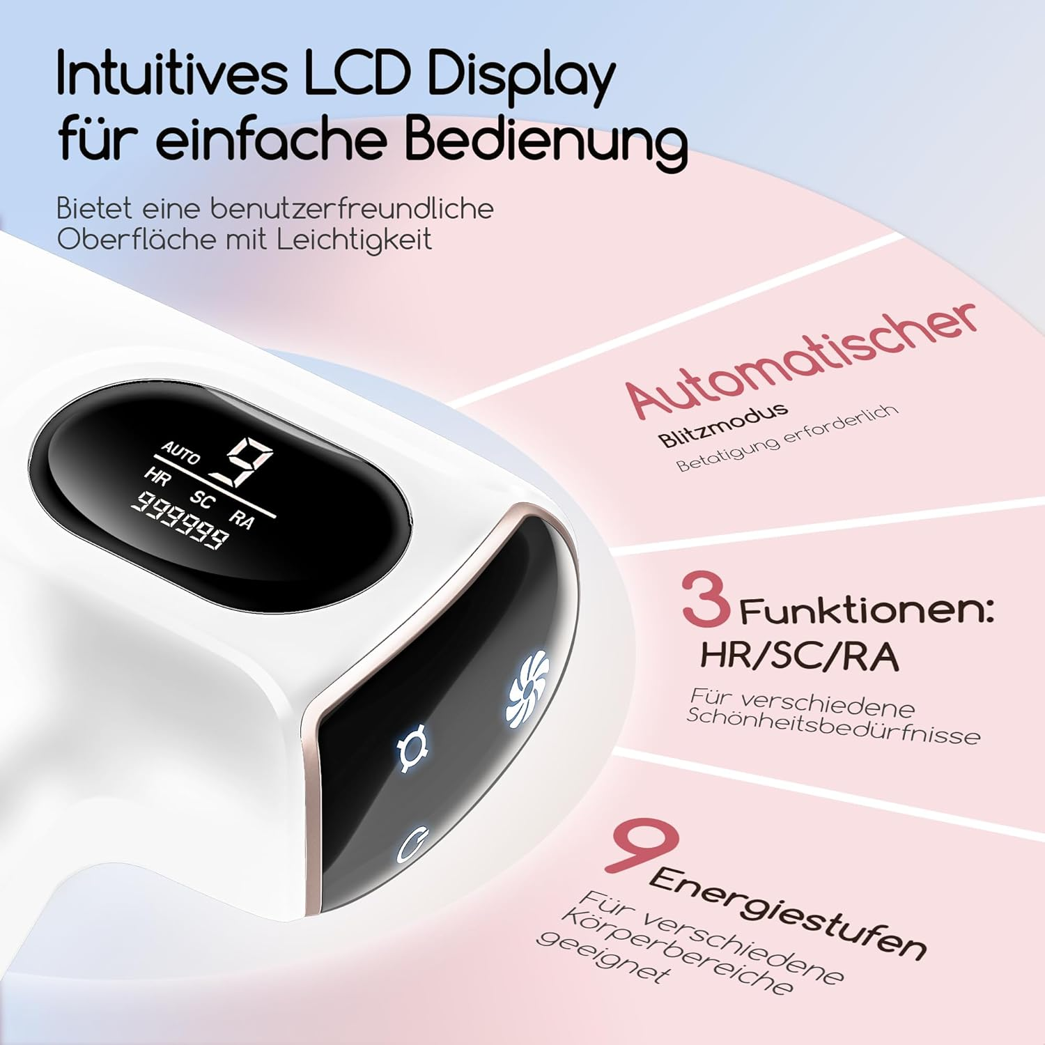Ein weißes Gerät mit LCD-Display, das Auto-Modus, Blitzmodus, 3 Funktionen und 9 Energiestufen anzeigt.