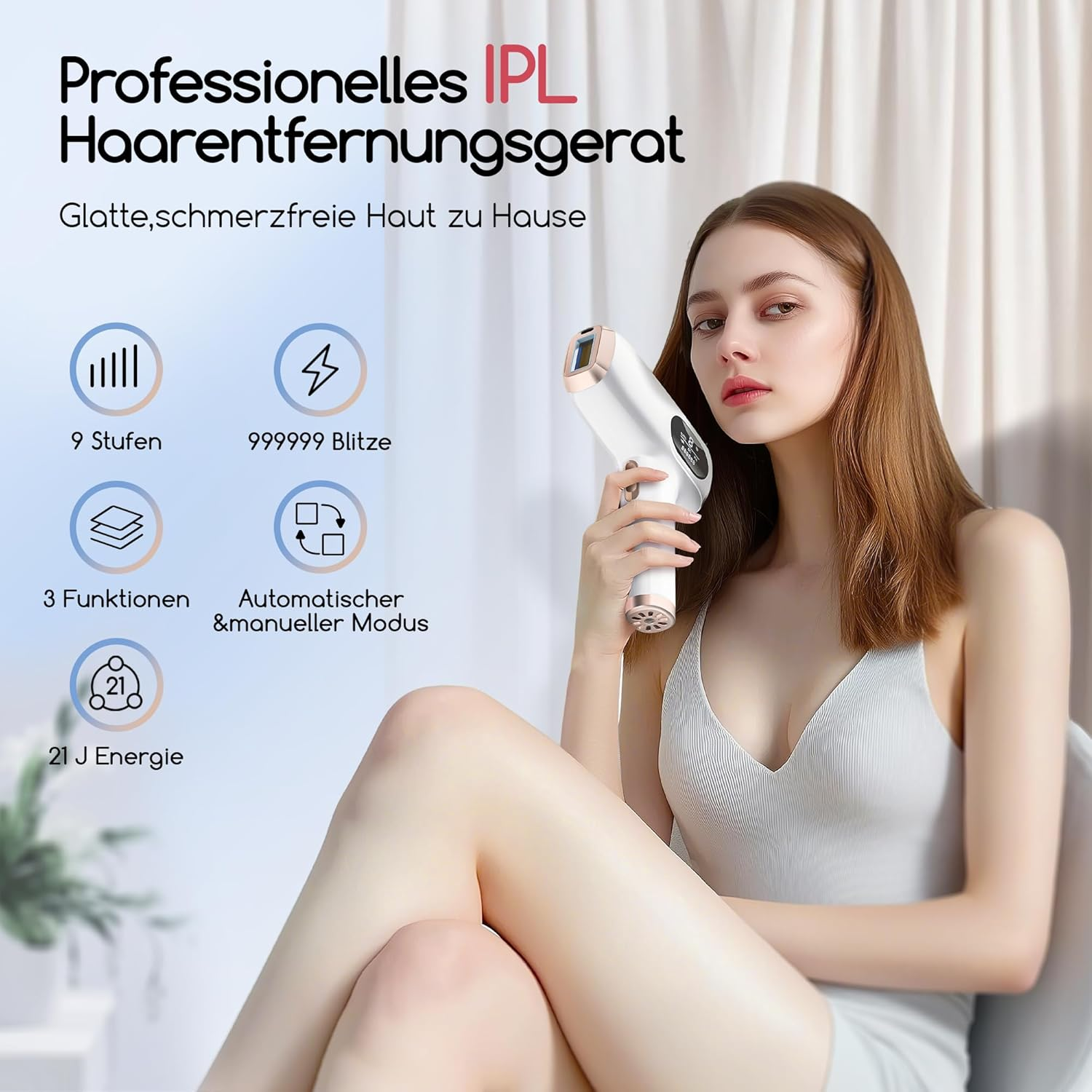 Frau hält IPL-Haarentfernungsgerät mit 9 Stufen, 999999 Blitzen.