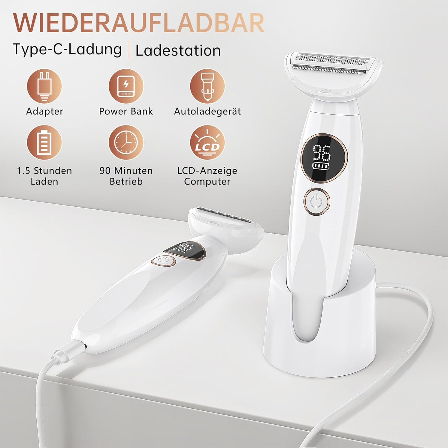 Weiße wiederaufladbare Ladestation für Damenrasierer mit LCD-Anzeige.