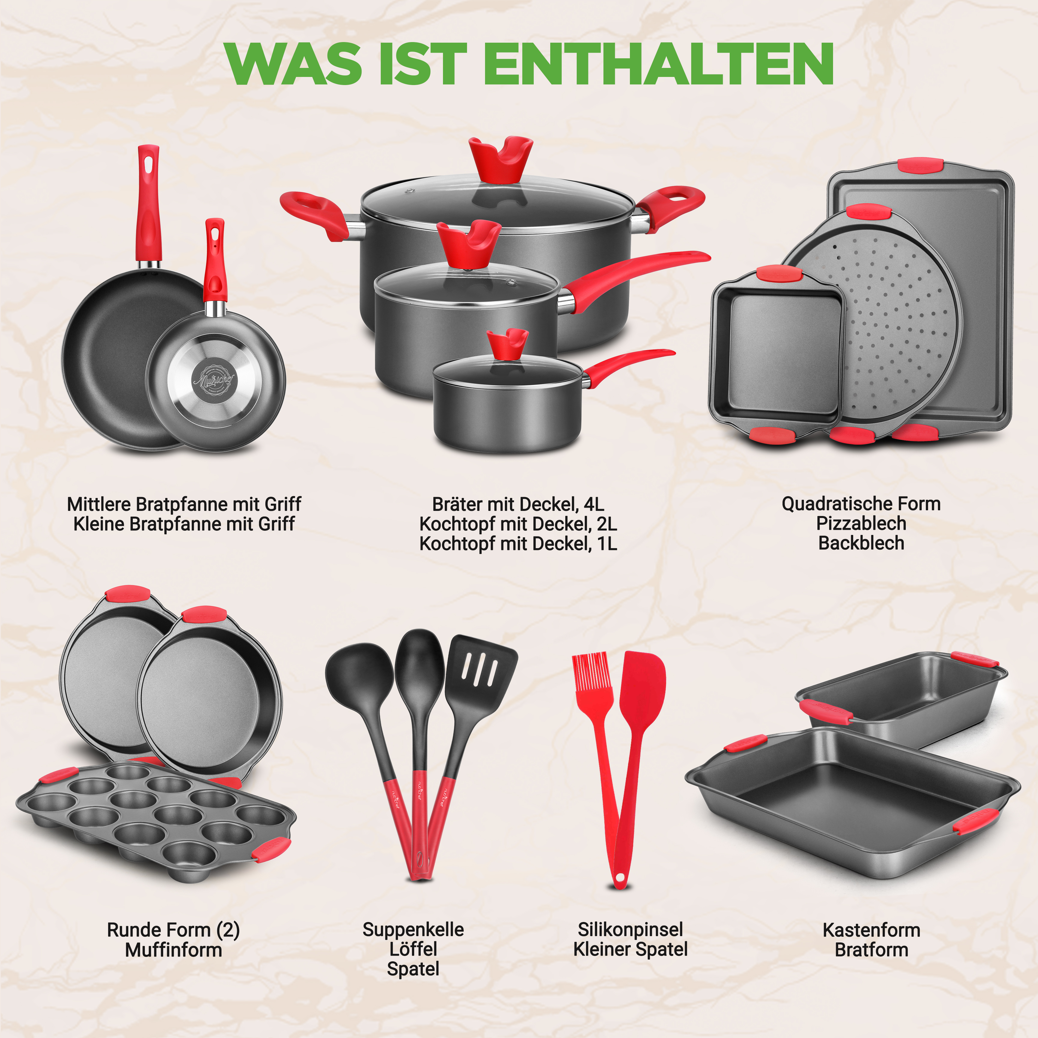 Küchenutensilien: Pfannen, Töpfe, Backformen, Besteck und Pinsel.
