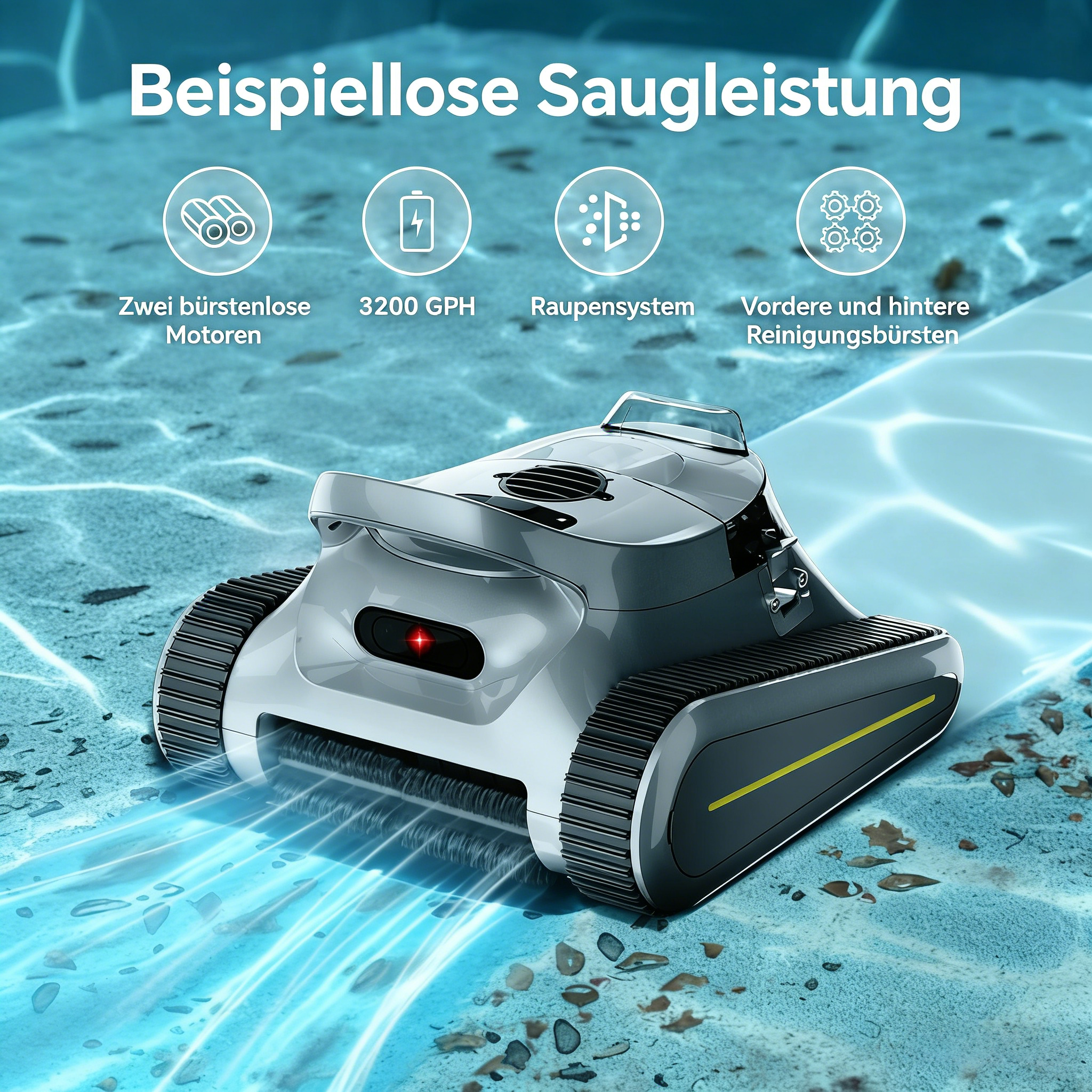 Ein Poolroboter mit Raupenantrieb reinigt den Beckenboden. Icons zeigen Features.