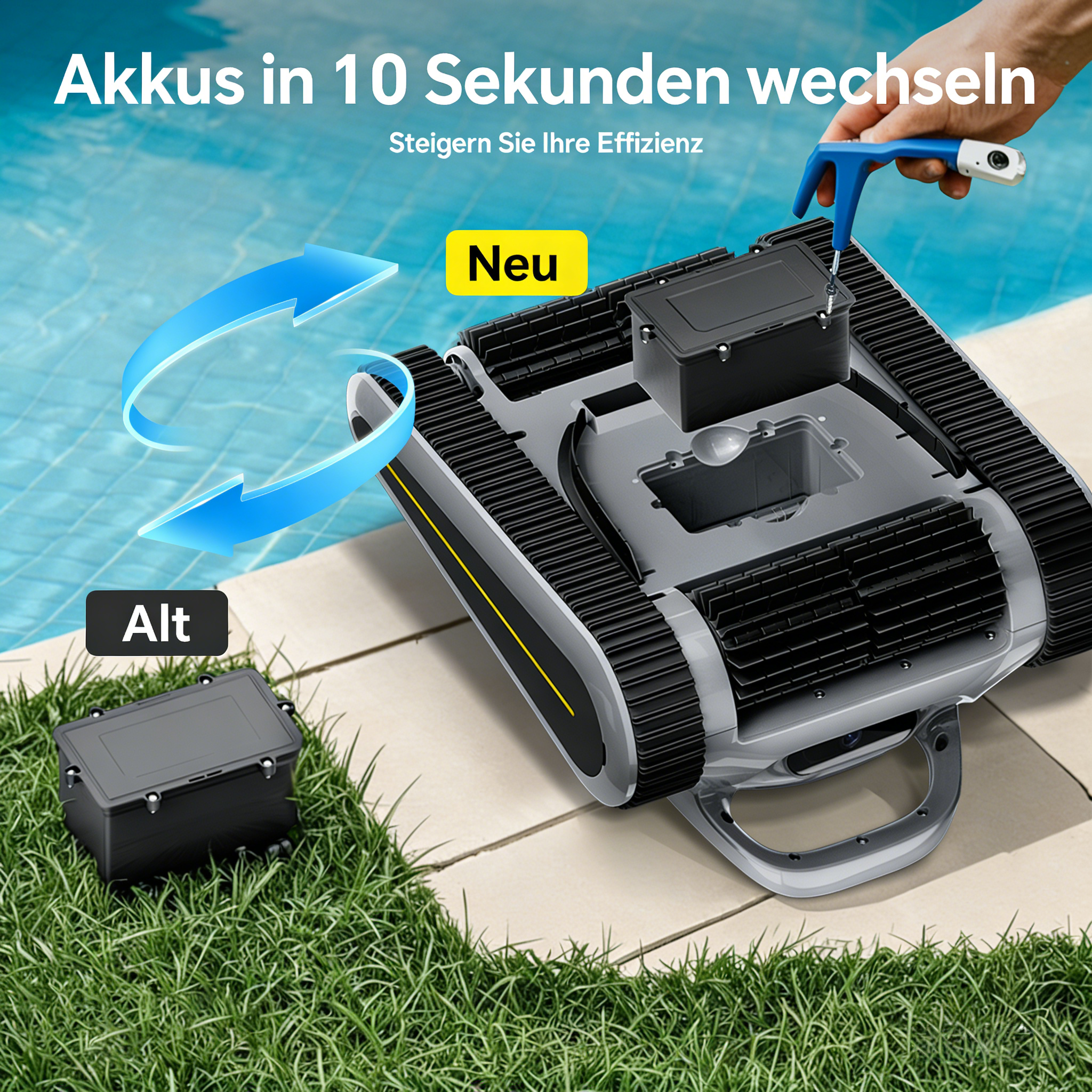 Ein Poolroboter mit Raupenantrieb wird repariert. Ein Akku liegt im Gras.